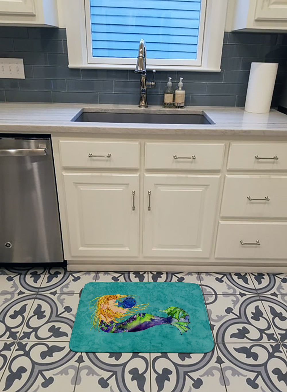 Blonde Mermaid on Teal Machine Washable Memory Foam Mat 8724RUG - the-store.com