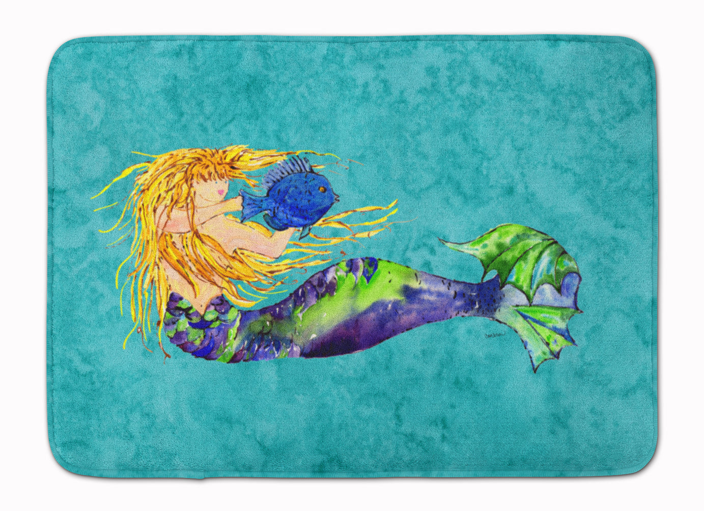 Blonde Mermaid on Teal Machine Washable Memory Foam Mat 8724RUG - the-store.com