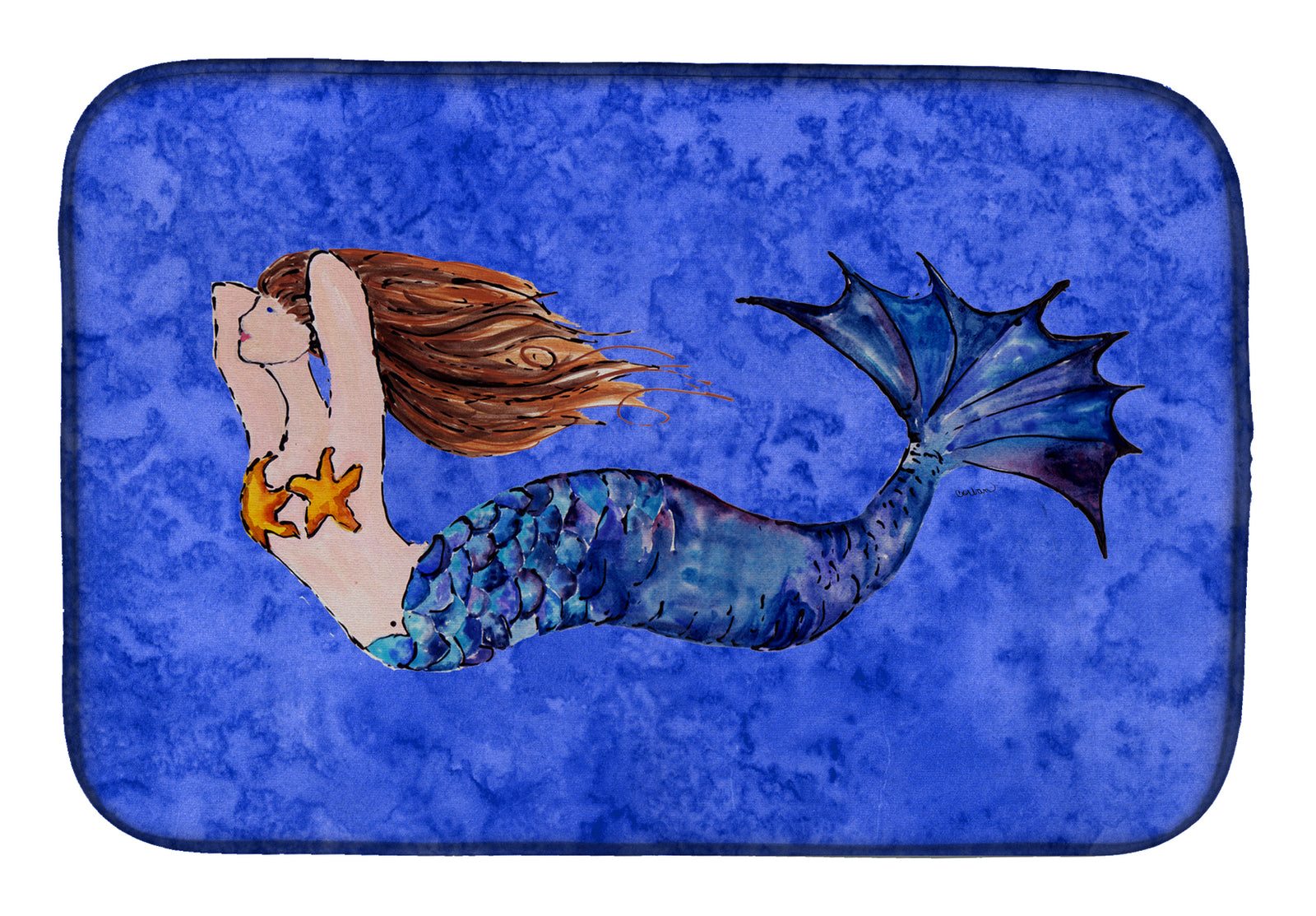 Brunette Mermaid on Blue Dish Drying Mat 8725DDM  the-store.com.