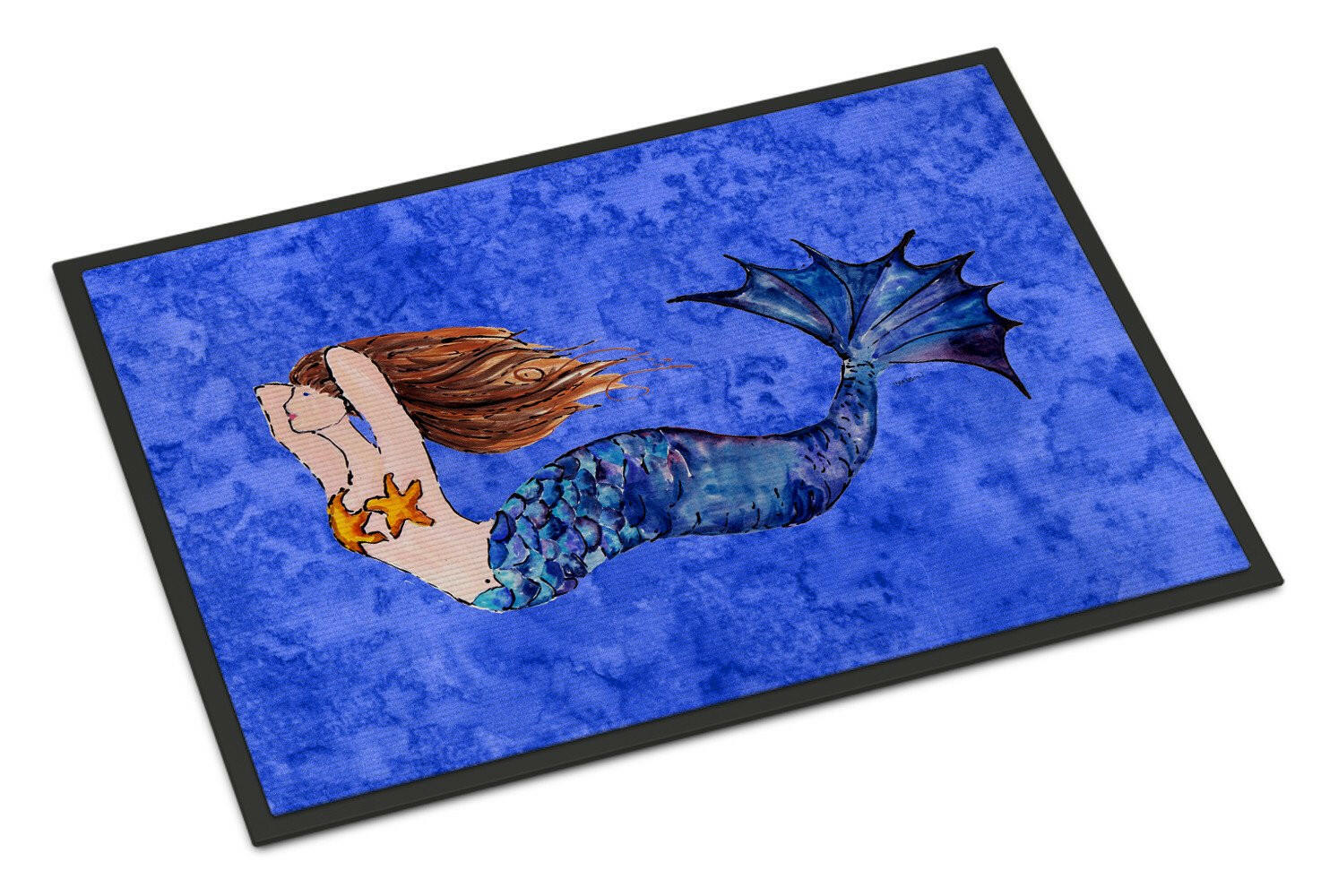 Brunette Mermaid on Blue Indoor or Outdoor Mat 18x27 8725MAT - the-store.com