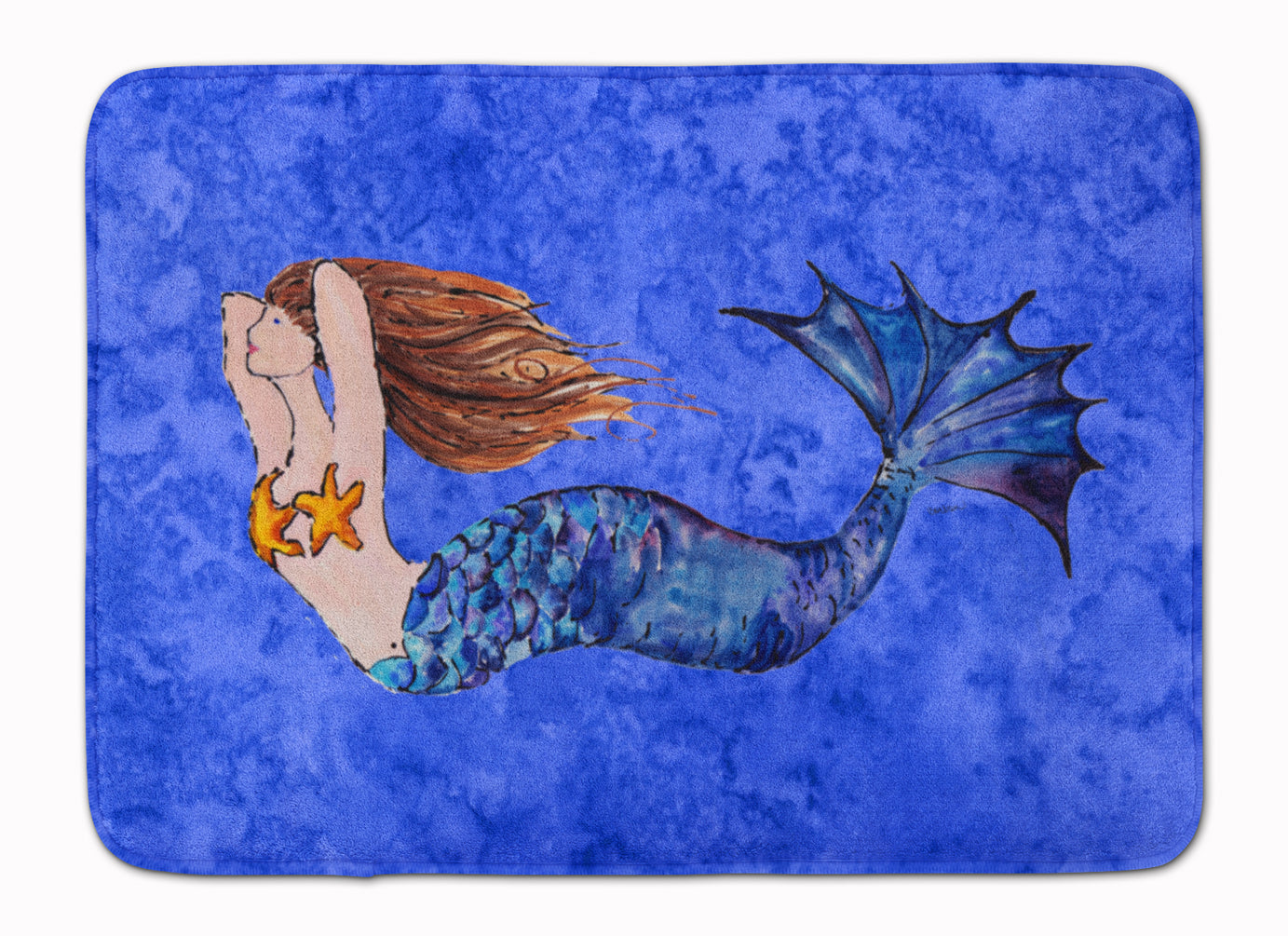 Brunette Mermaid on Blue Machine Washable Memory Foam Mat 8725RUG - the-store.com