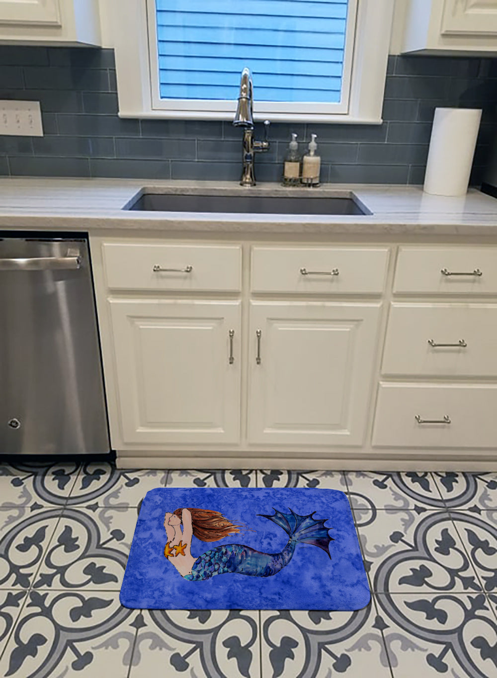 Brunette Mermaid on Blue Machine Washable Memory Foam Mat 8725RUG - the-store.com