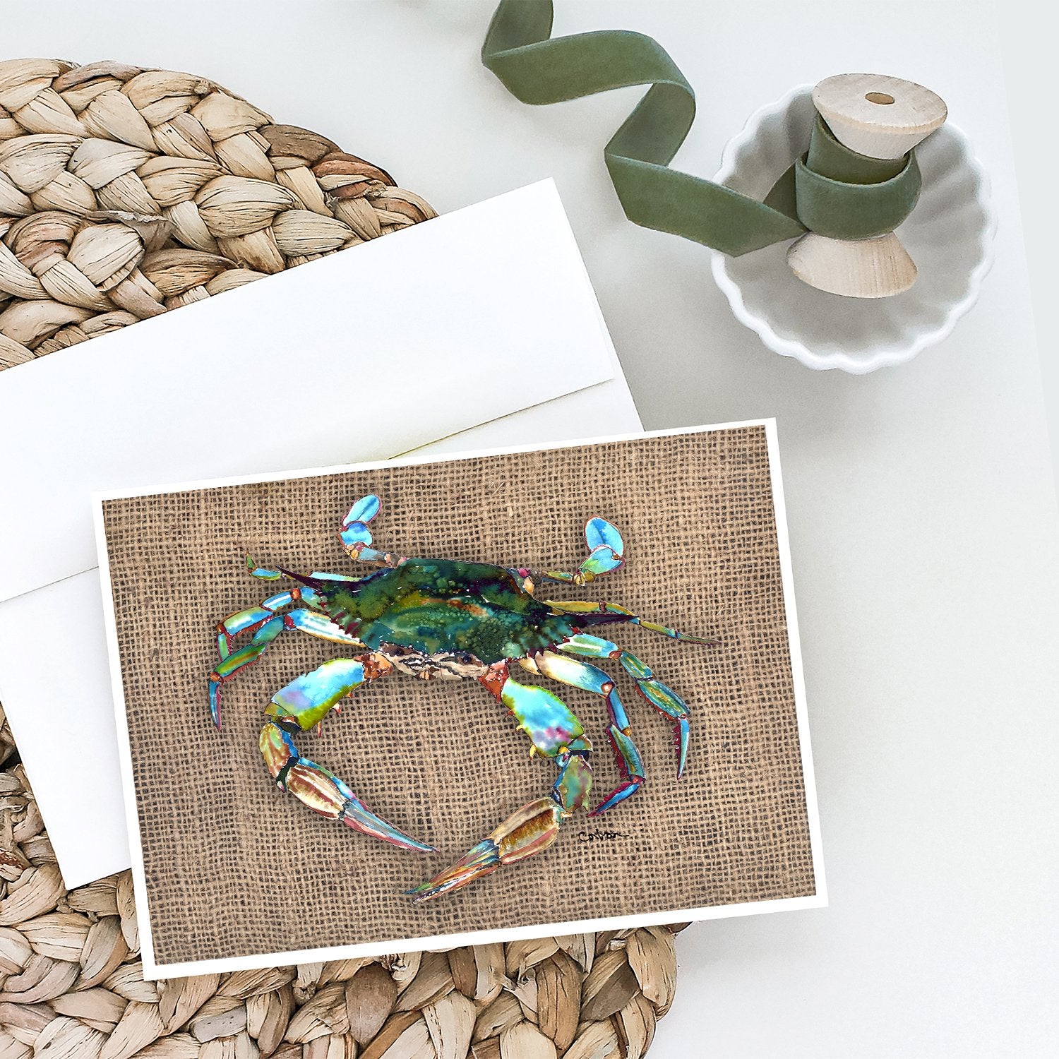 Blue Crab on Faux Burlap Greeting Cards and Envelopes Pack of 8 - the-store.com