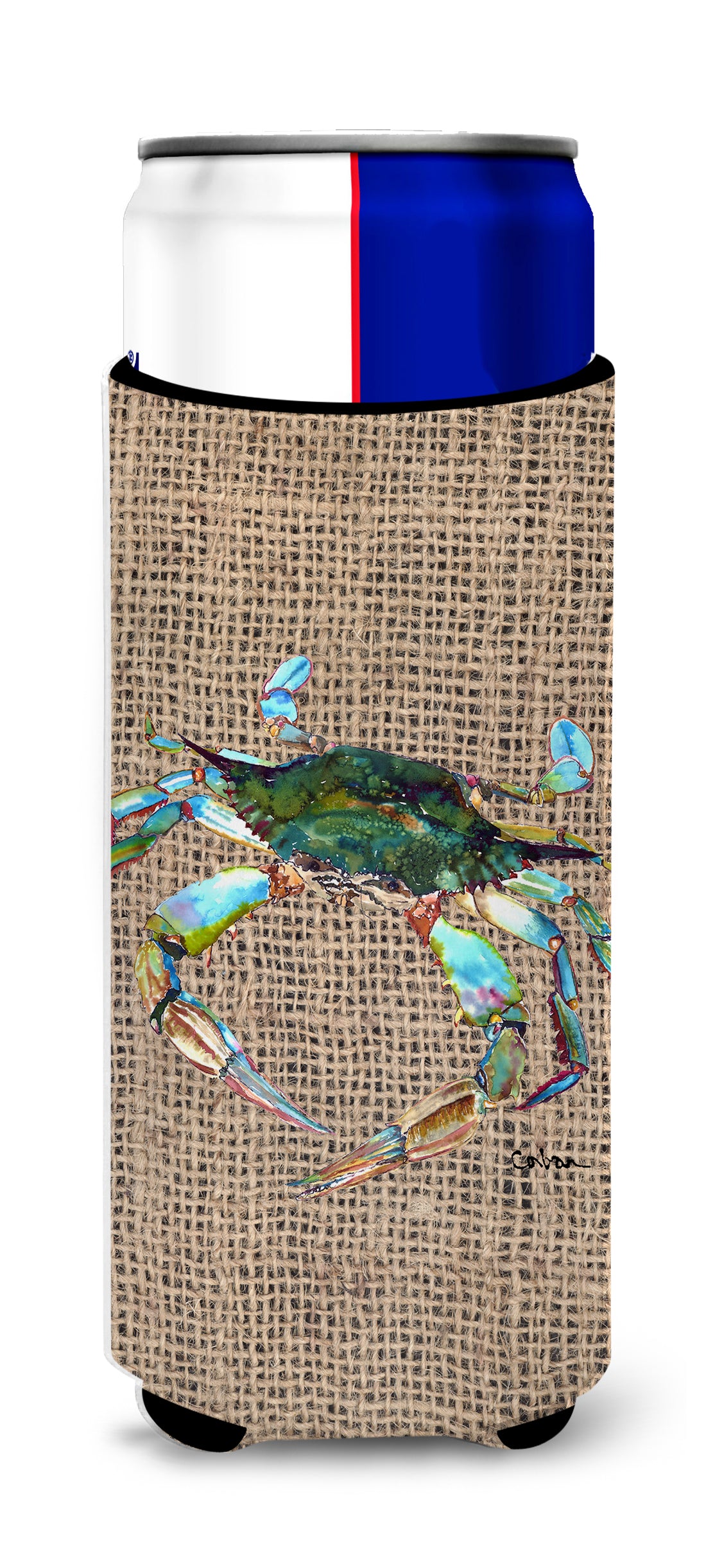 Blue Crab on Faux Burlap Ultra Beverage Insulators for slim cans 8731MUK.