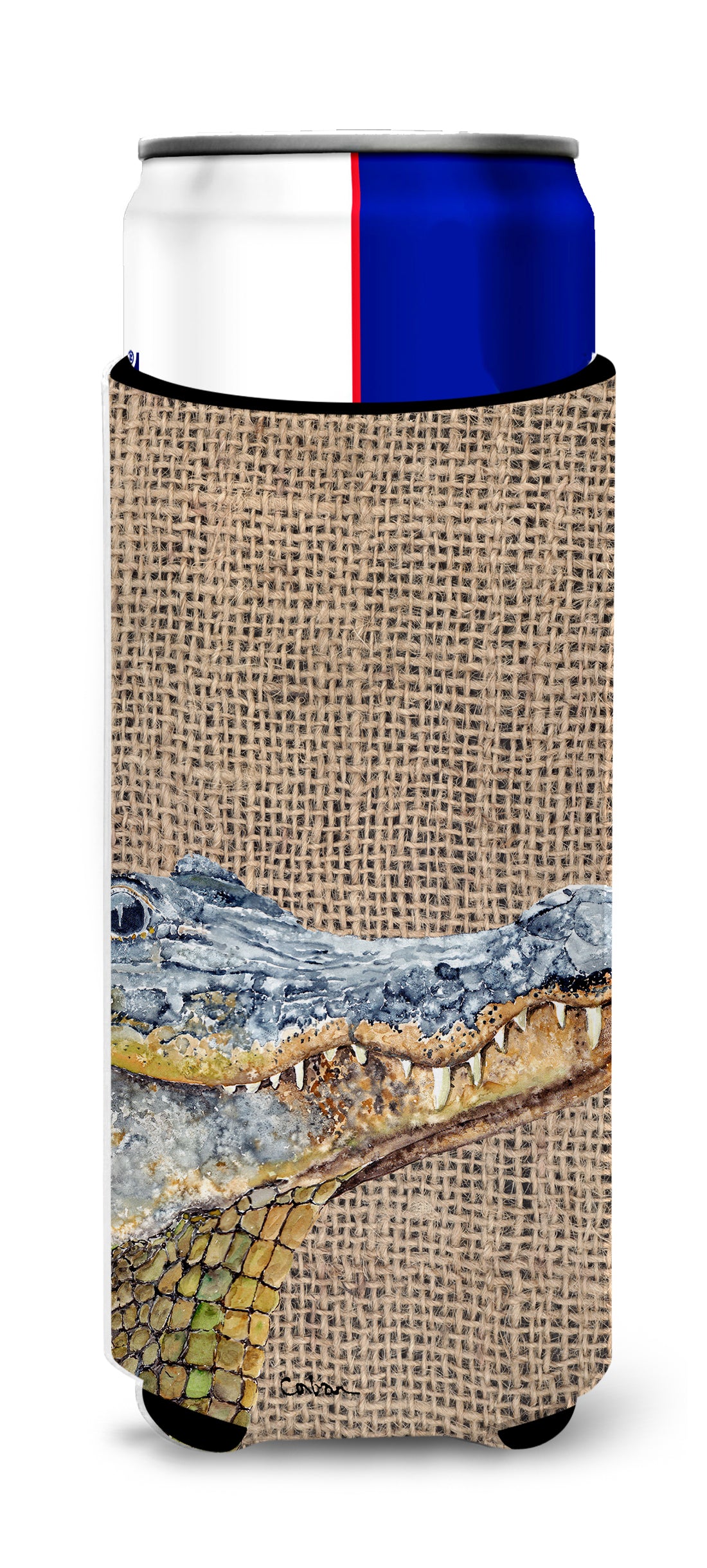 Alligator  on Faux Burlap Ultra Beverage Insulators for slim cans 8733MUK.