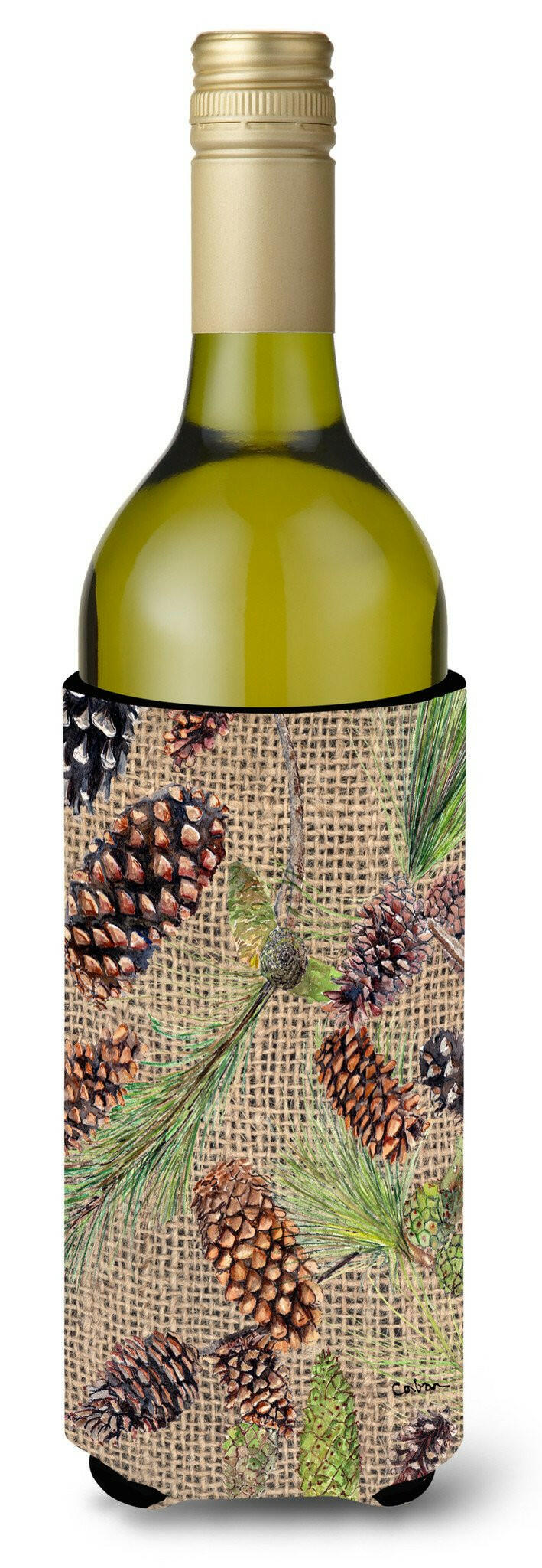 Pine Cones  on Faux Burlap Wine Bottle Beverage Insulator Beverage Insulator Hugger by Caroline's Treasures