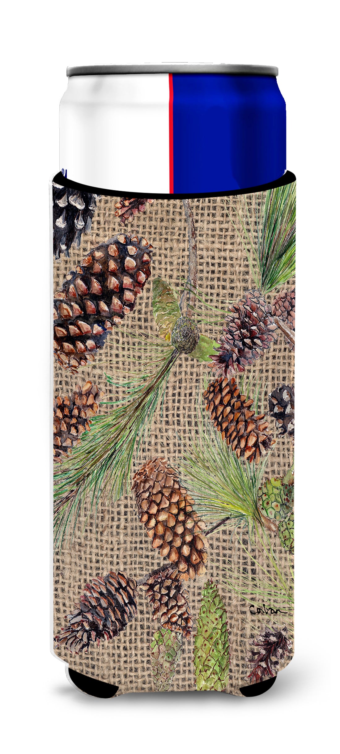 Pine Cones  on Faux Burlap Ultra Beverage Insulators for slim cans 8735MUK.