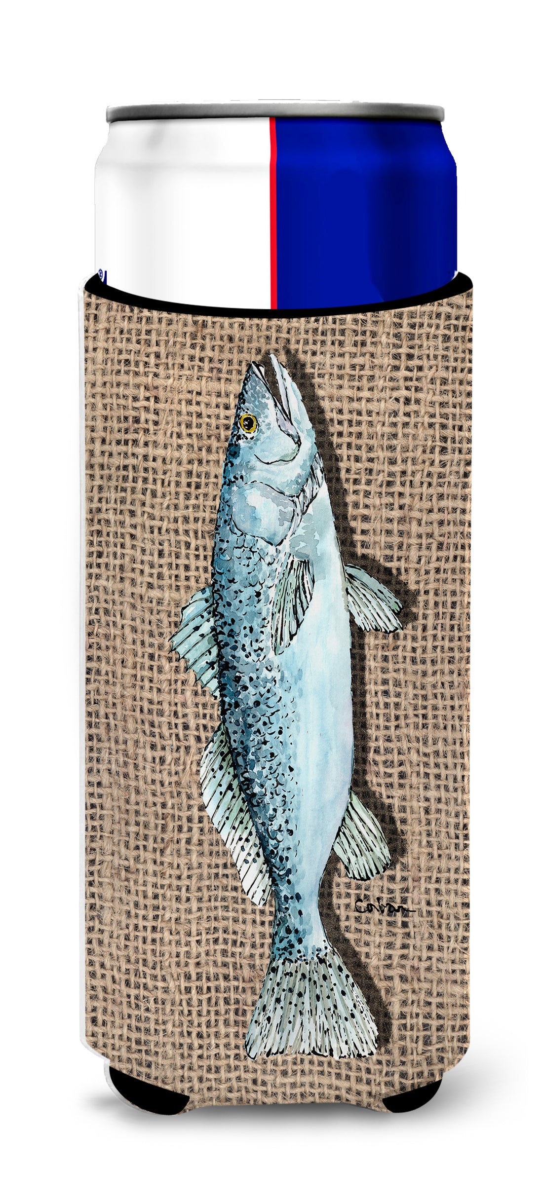 Fish Speckled Trout  on Faux Burlap Ultra Beverage Insulators for slim cans 8737MUK.