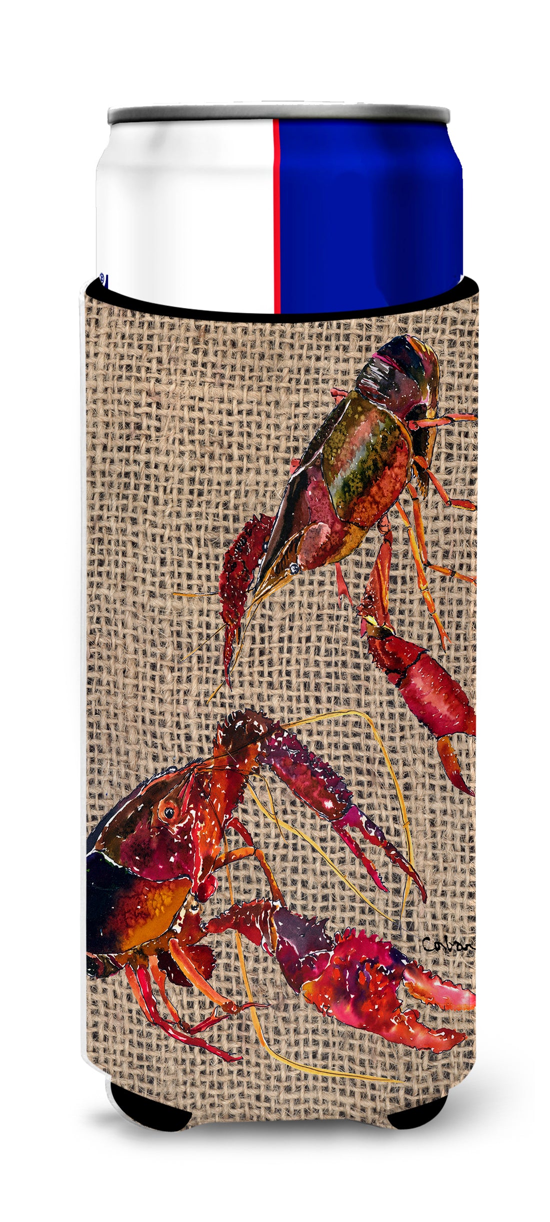 Crawfish  on Faux Burlap Ultra Beverage Insulators for slim cans 8739MUK.