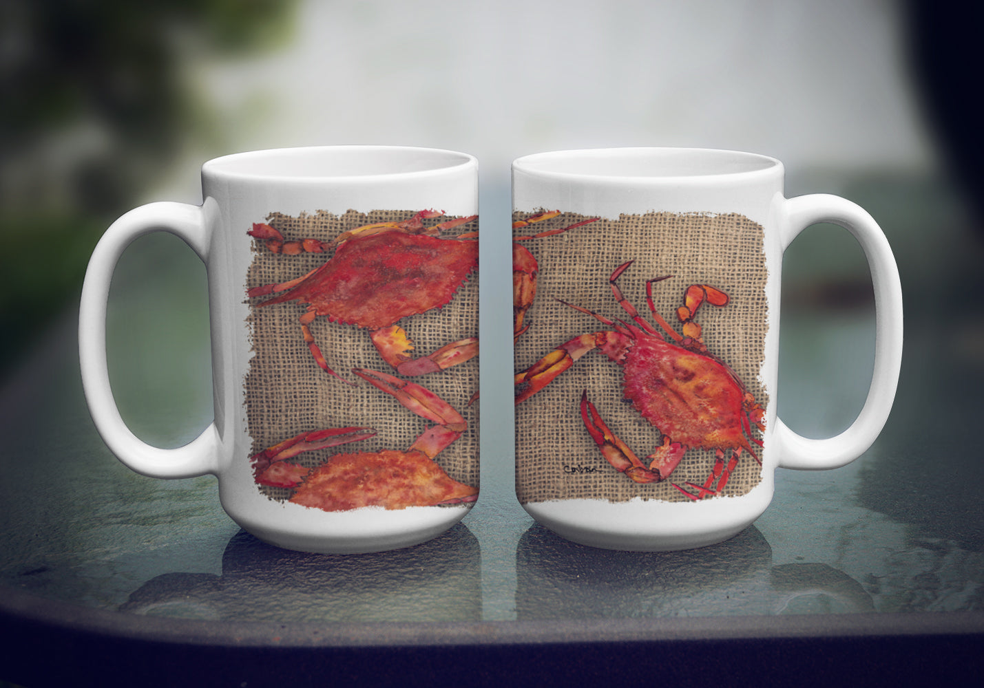 Cooked Crabs on Faux Burlap Dishwasher Safe Microwavable Ceramic Coffee Mug 15 ounce 8742CM15  the-store.com.