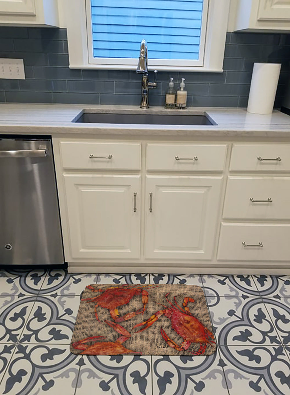 Cooked Crabs on Faux Burlap Machine Washable Memory Foam Mat 8742RUG - the-store.com