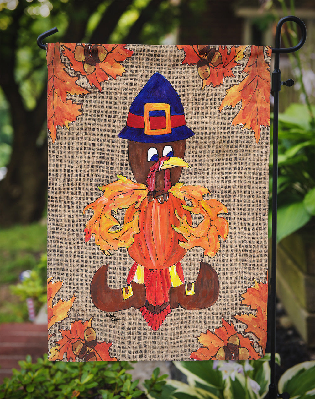 Thanksgiving Turkey Pilgrim Fleur de lis Flag Garden Size.