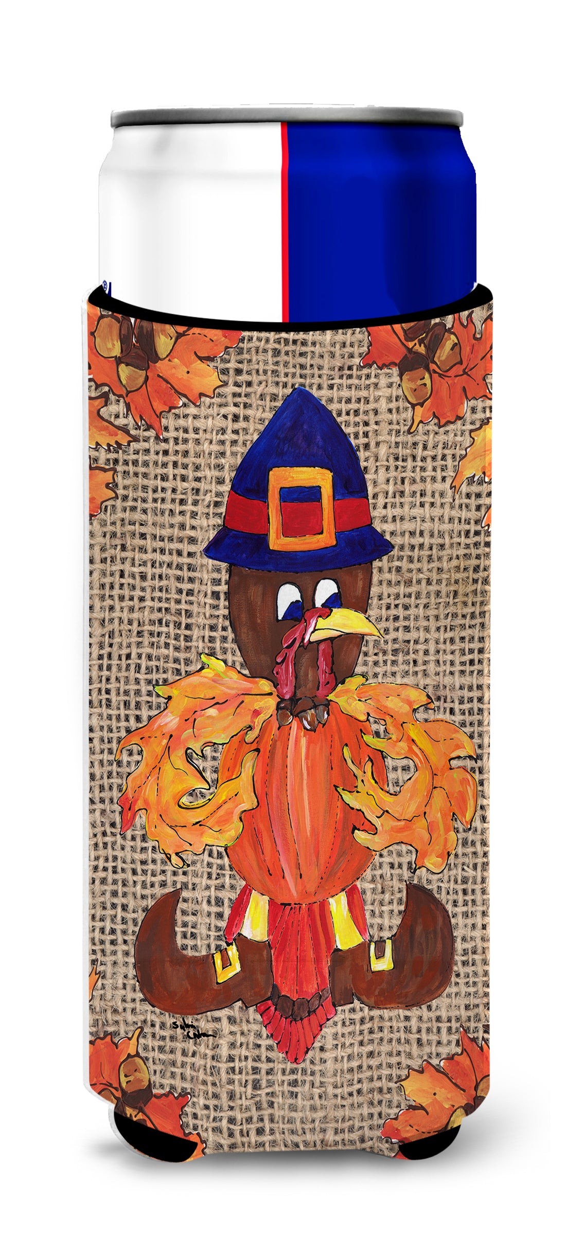 Thanksgiving Turkey Fleur de lis on Faux Burlap Ultra Beverage Insulators for slim cans 8743MUK.