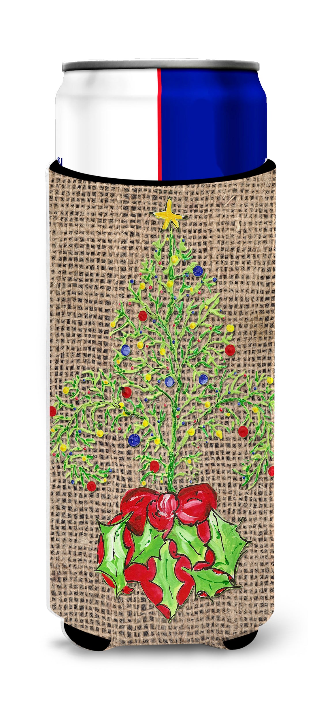 Christmas Tree Fleur de lis on Faux Burlap Ultra Beverage Insulators for slim cans 8745MUK.