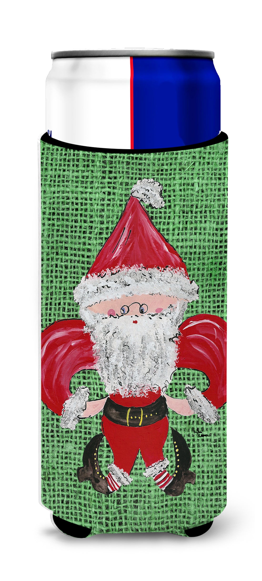 Christmas Santa Fleur de lis on Faux Burlap Ultra Beverage Insulators for slim cans 8746MUK.