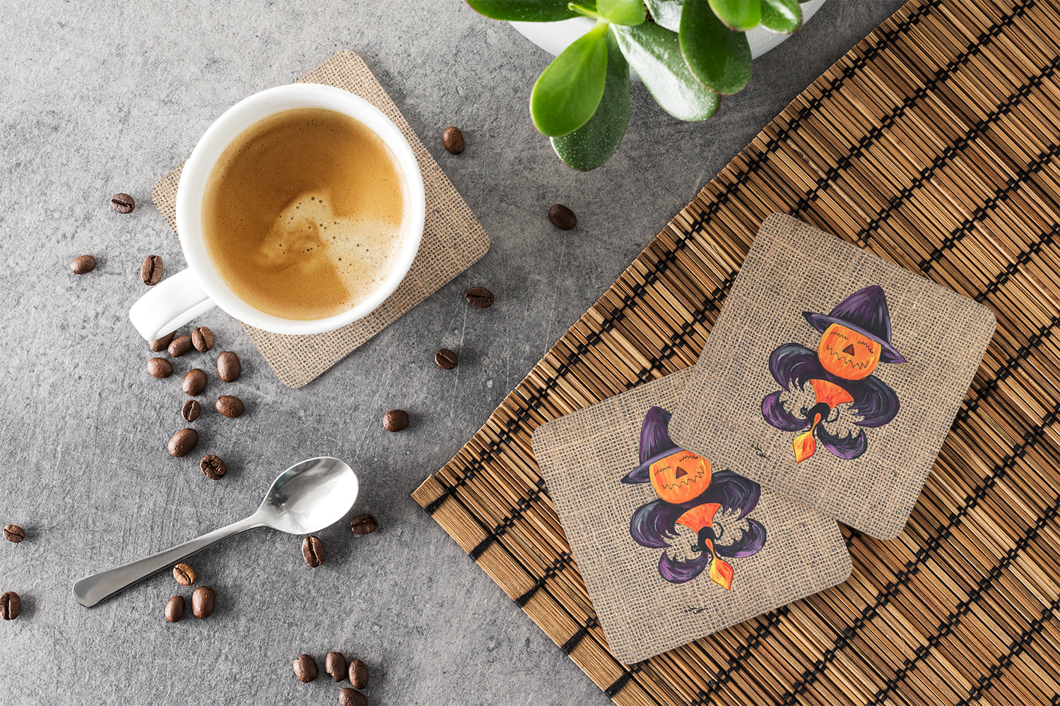 Set of 4 Halloween Pumpkin Bat Fleur de lis Foam Coasters - the-store.com