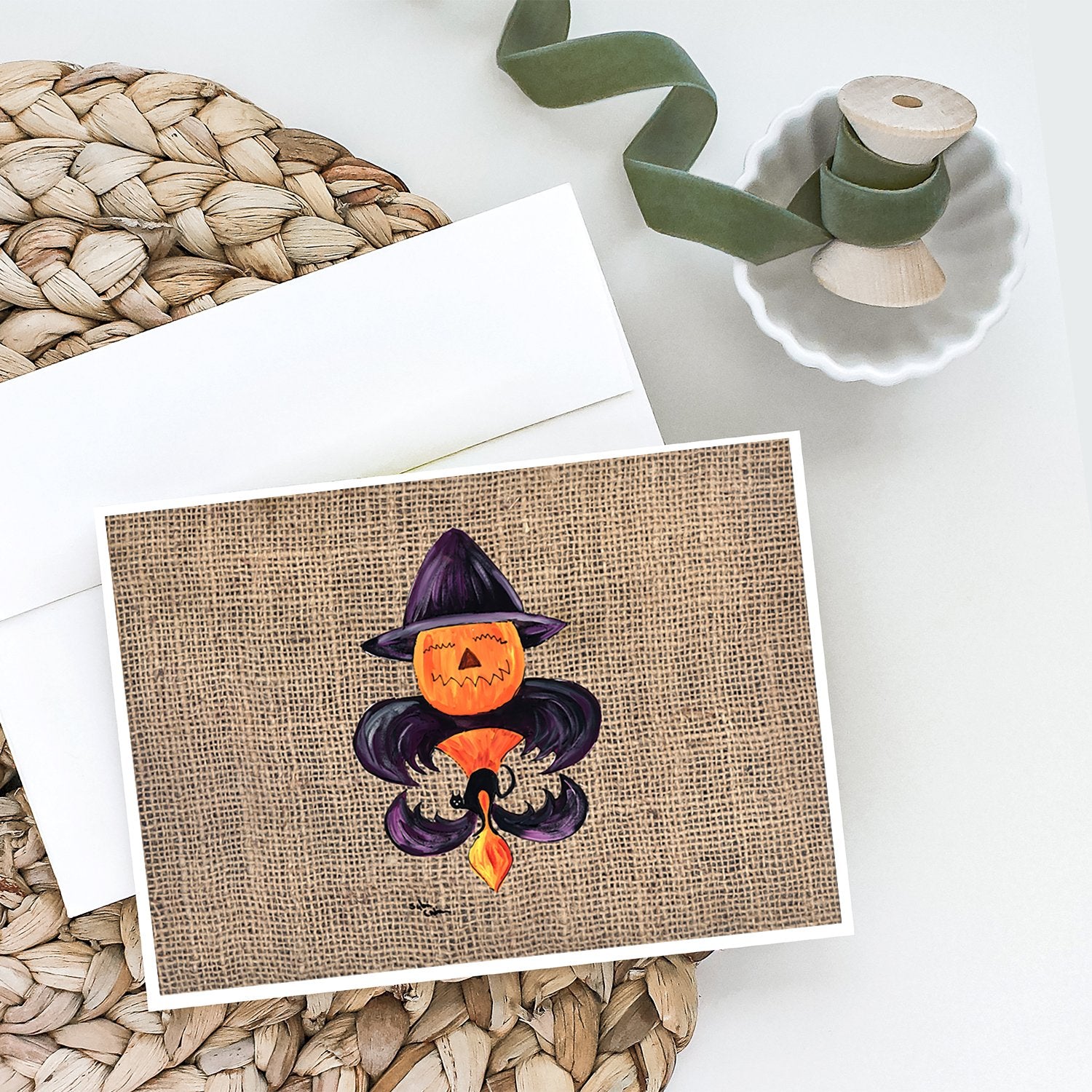 Buy this Halloween Pumpkin and Bat Fleur de lis on Faux Burlap Greeting Cards and Envelopes Pack of 8