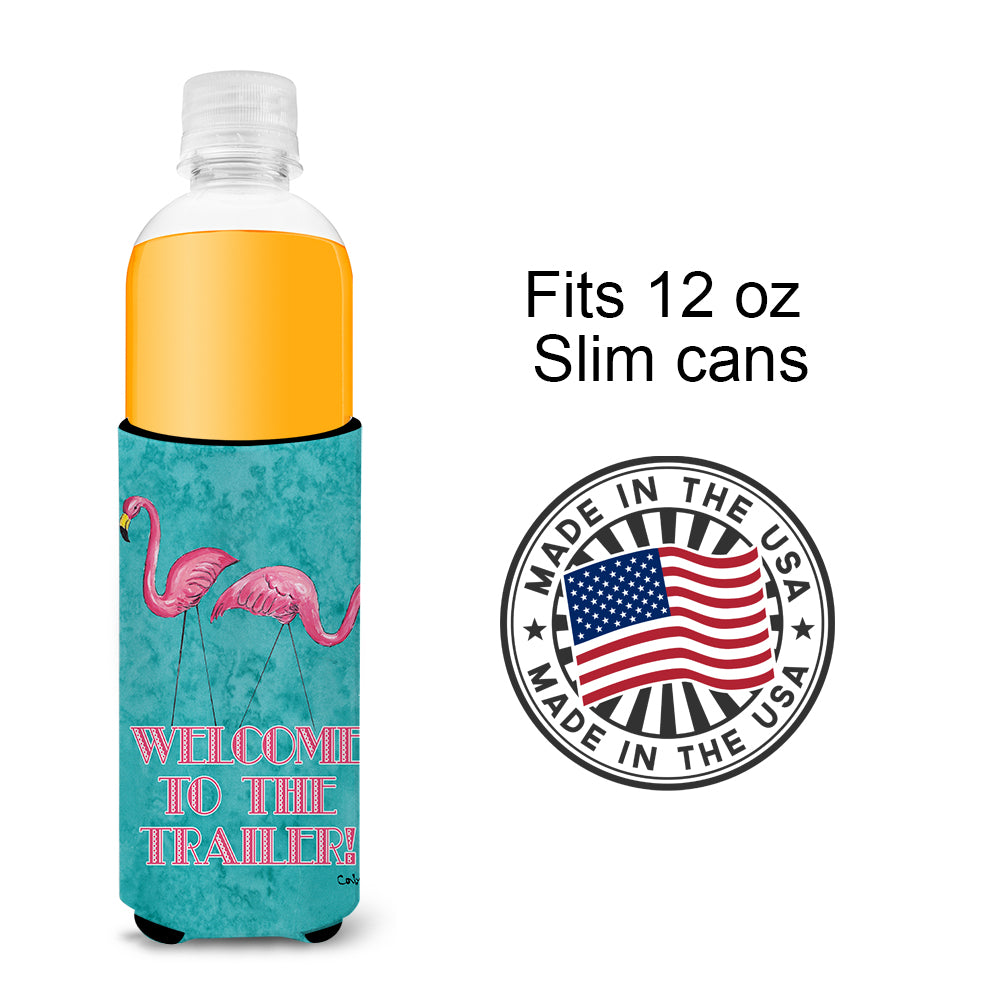 Welcome to the Trailer with Flamingos Ultra Beverage Insulators for slim cans 8757MUK.