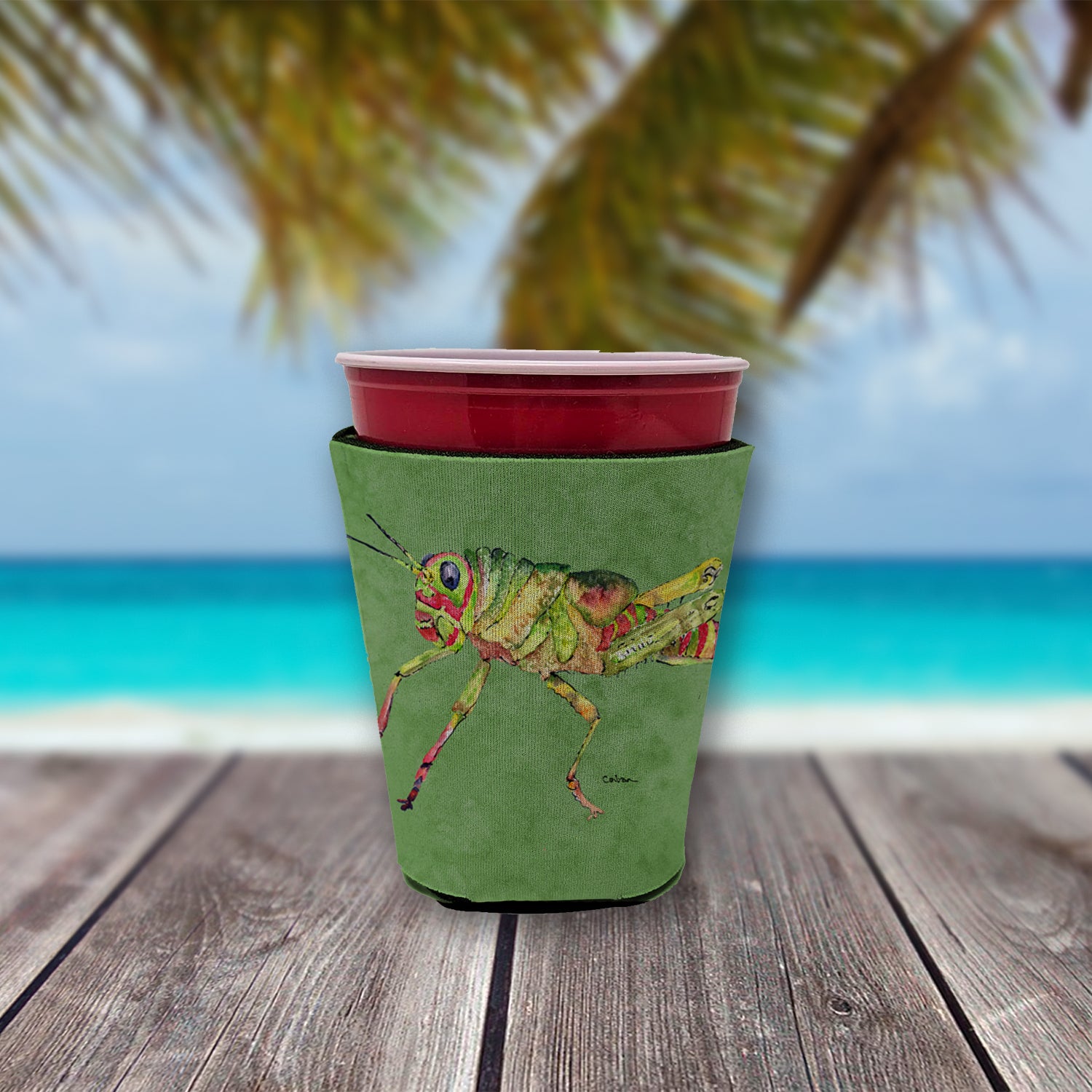 Grasshopper on Avacado Red Cup Beverage Insulator Hugger  the-store.com.