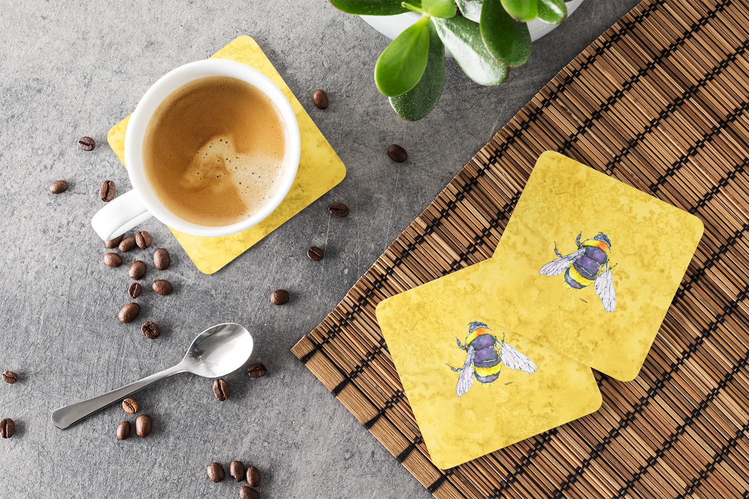 Set of 4 Bee on Yellow Foam Coasters - the-store.com