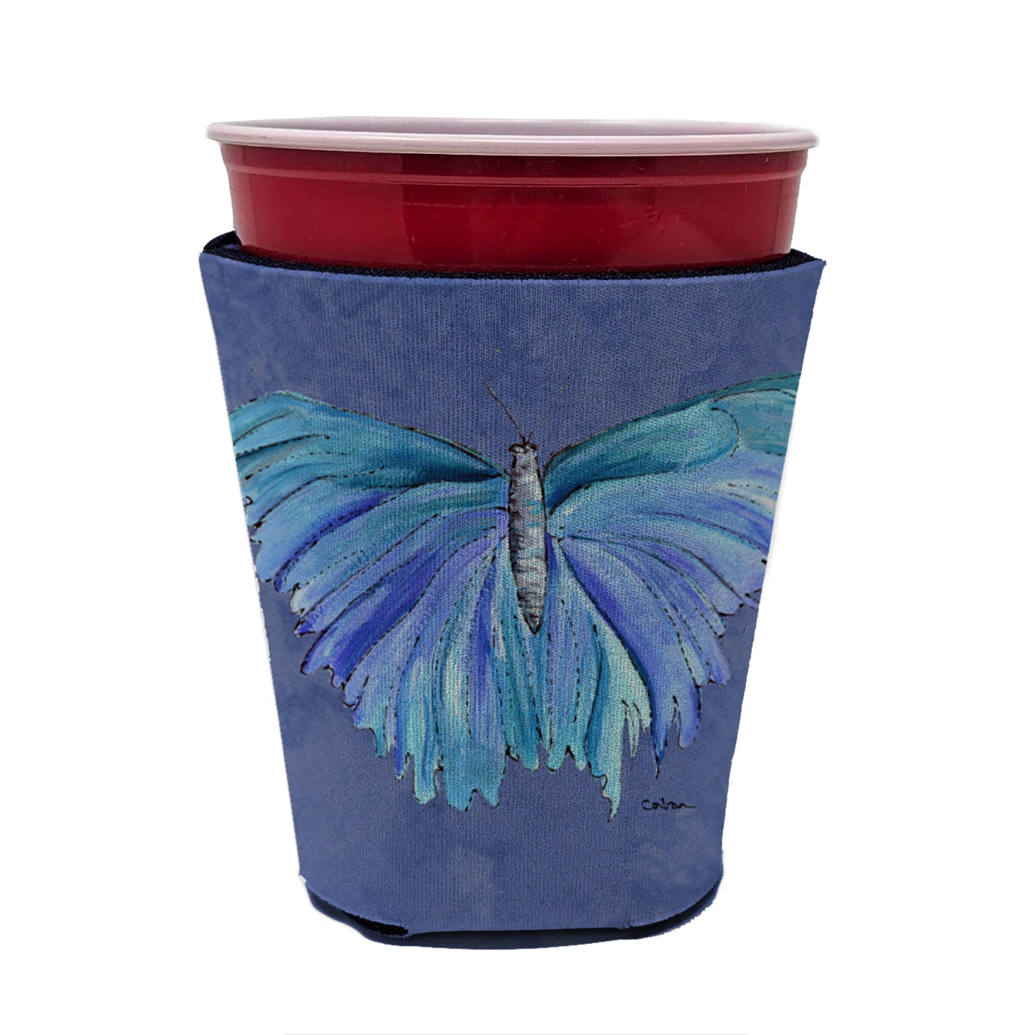 Butterfly on Slate Blue Red Cup Beverage Insulator Hugger  the-store.com.