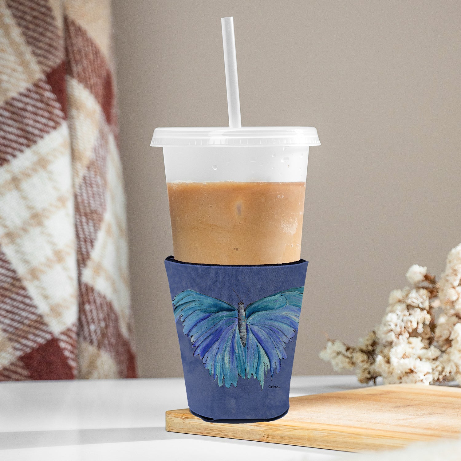 Butterfly on Slate Blue Red Cup Beverage Insulator Hugger  the-store.com.