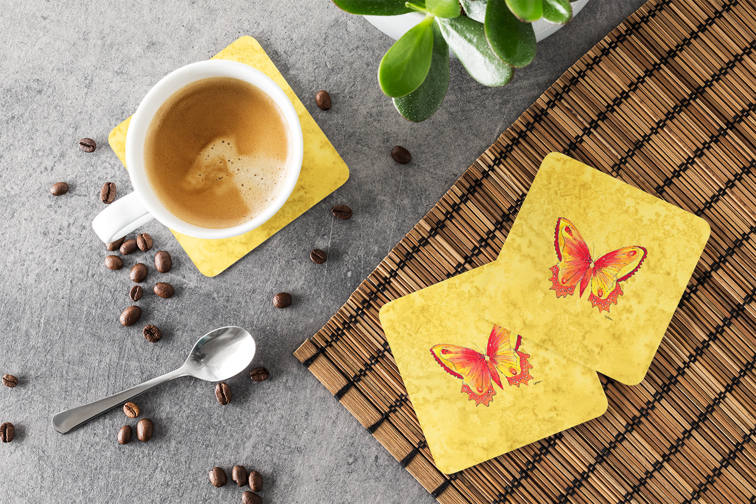 Set of 4 Butterfly on Yellow Foam Coasters - the-store.com