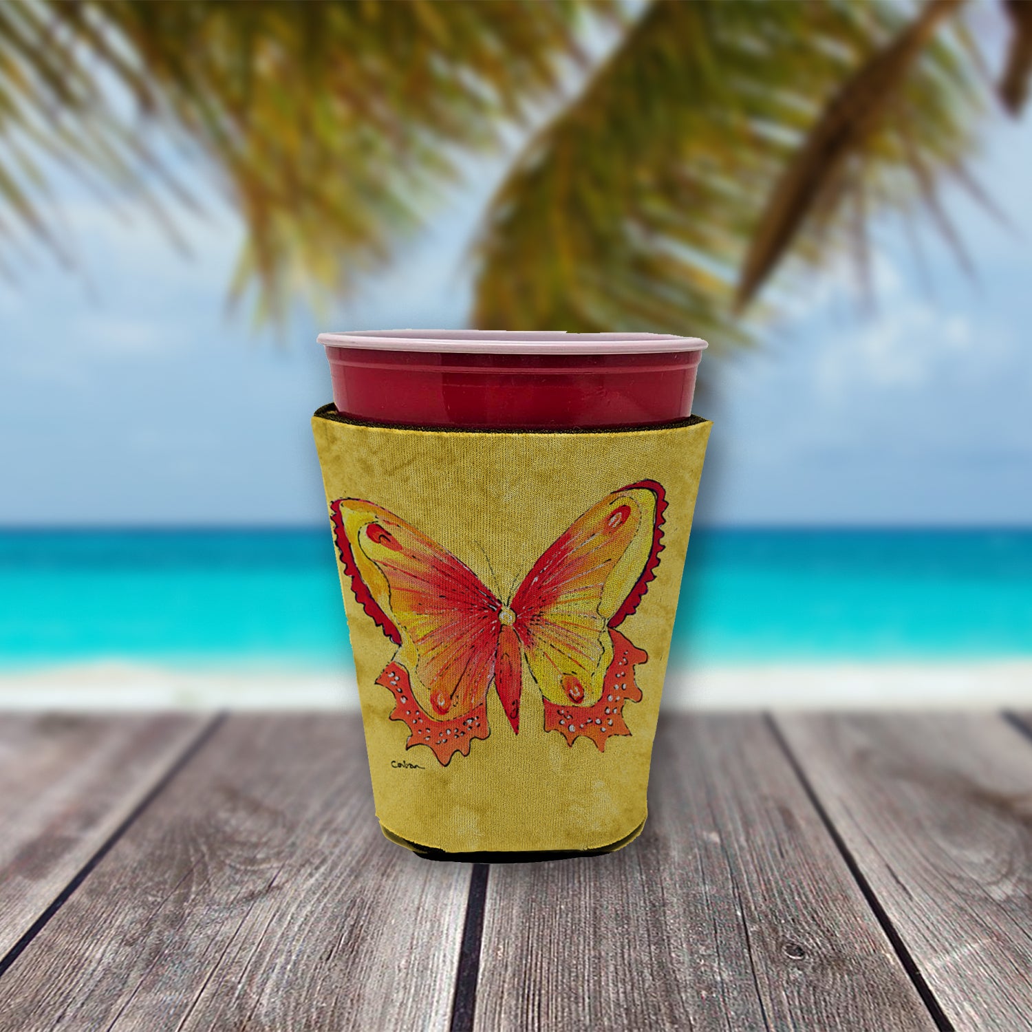 Butterfly on Yellow Red Cup Beverage Insulator Hugger  the-store.com.