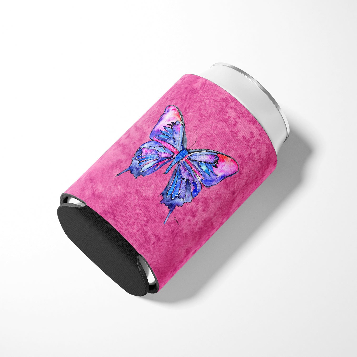 Butterfly on Pink Can or Bottle Beverage Insulator Hugger.