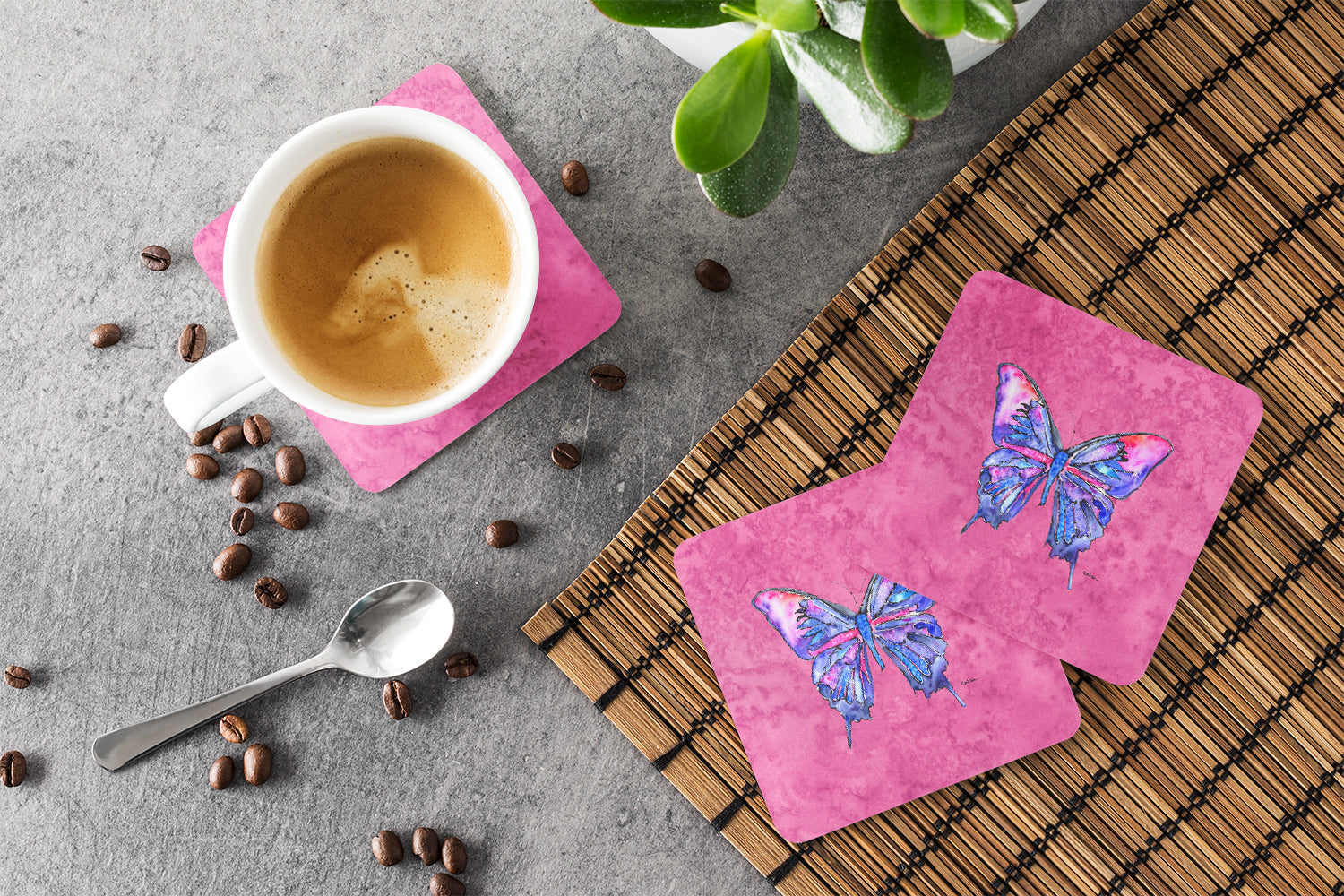 Set of 4 Butterfly on Pink Foam Coasters - the-store.com