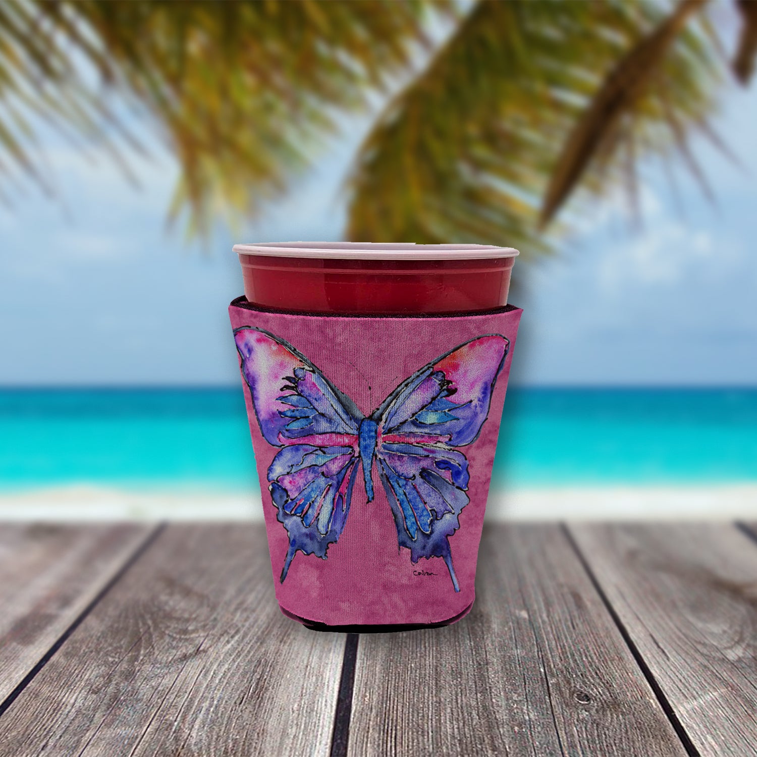 Butterfly on Pink Red Cup Beverage Insulator Hugger  the-store.com.