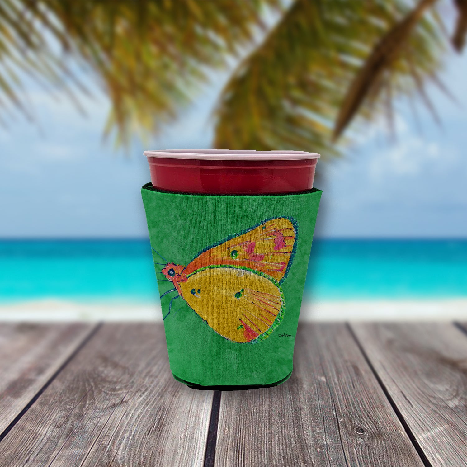 Butterfly Orange on Green Red Cup Beverage Insulator Hugger  the-store.com.