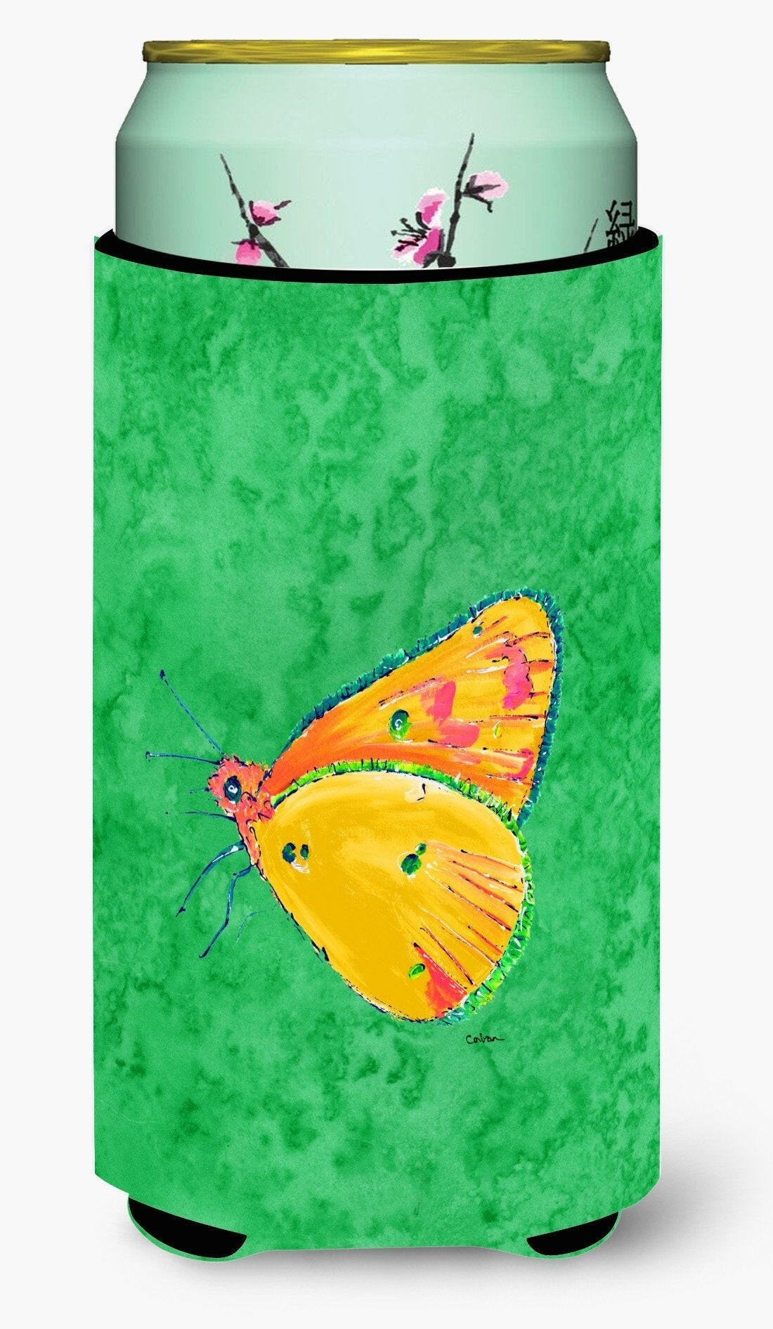 Butterfly Orange on Green  Tall Boy Beverage Insulator Beverage Insulator Hugger by Caroline's Treasures