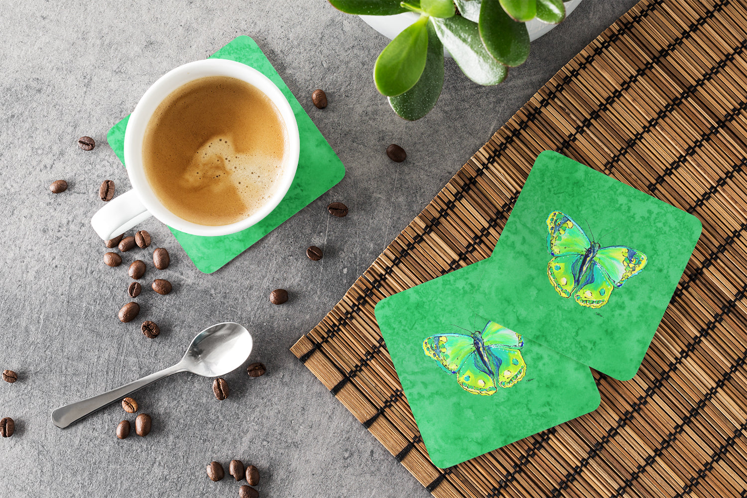 Set of 4 Butterfly Green on Green Foam Coasters - the-store.com