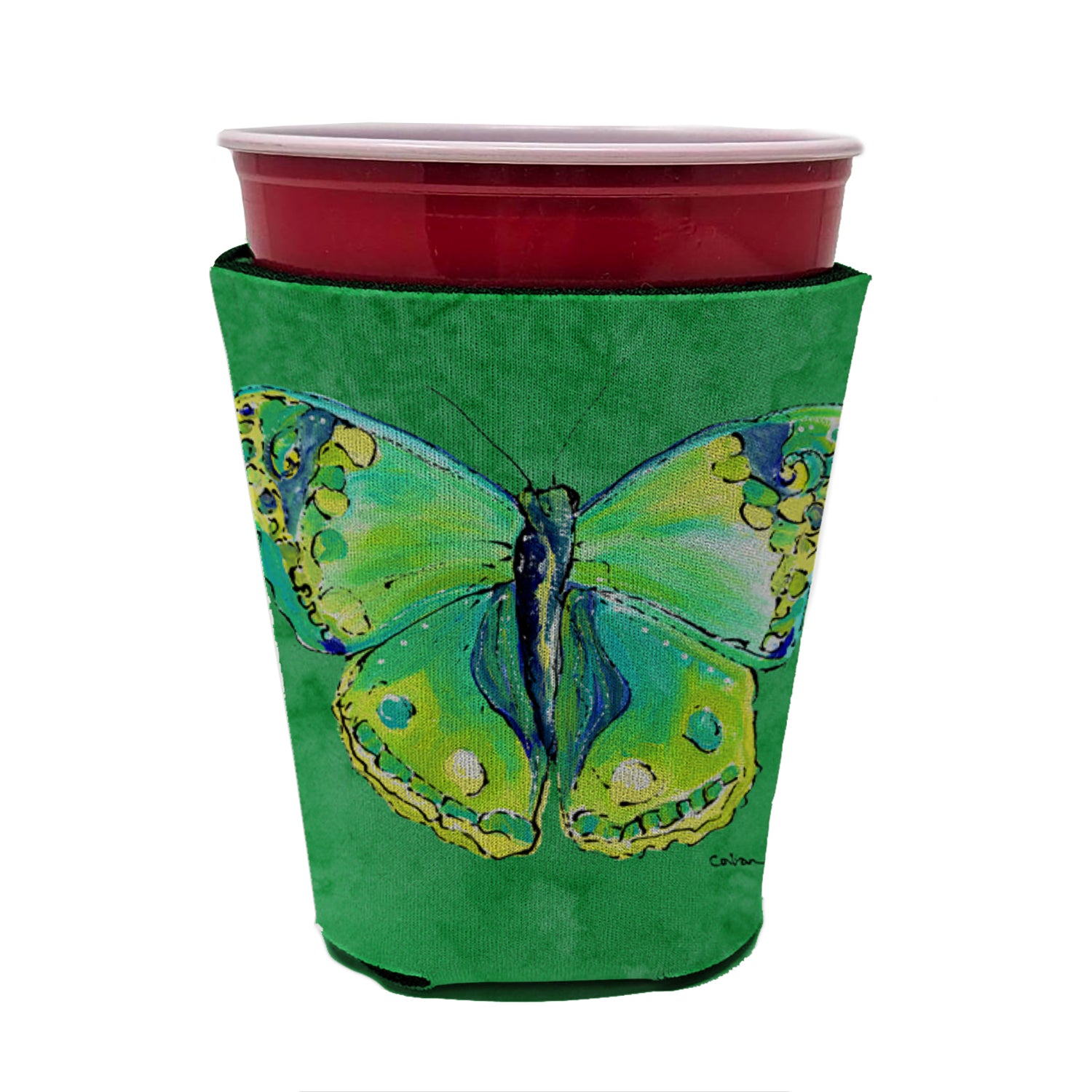 Butterfly Green on Green Red Cup Beverage Insulator Hugger  the-store.com.