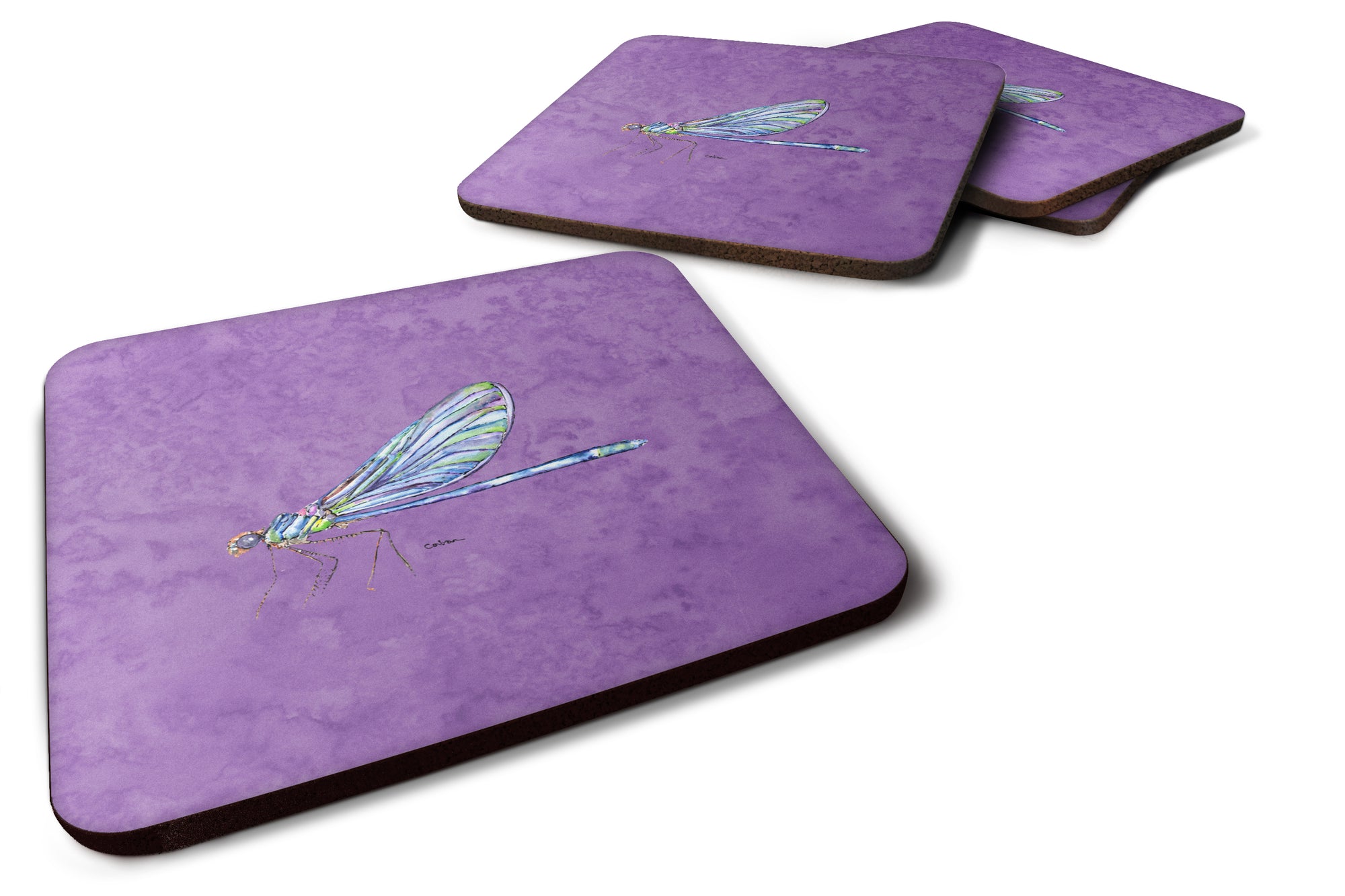 Set of 4 Dragonfly on Purple Foam Coasters - the-store.com