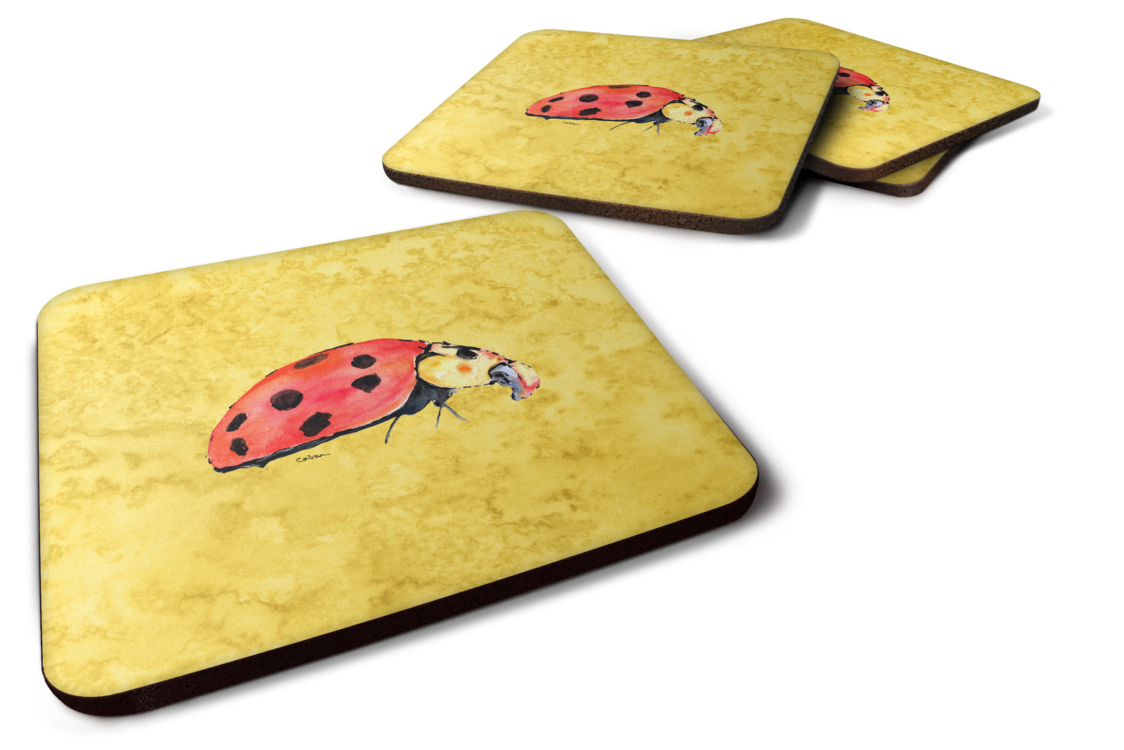 Set of 4 Lady Bug on Yellow Foam Coasters - the-store.com