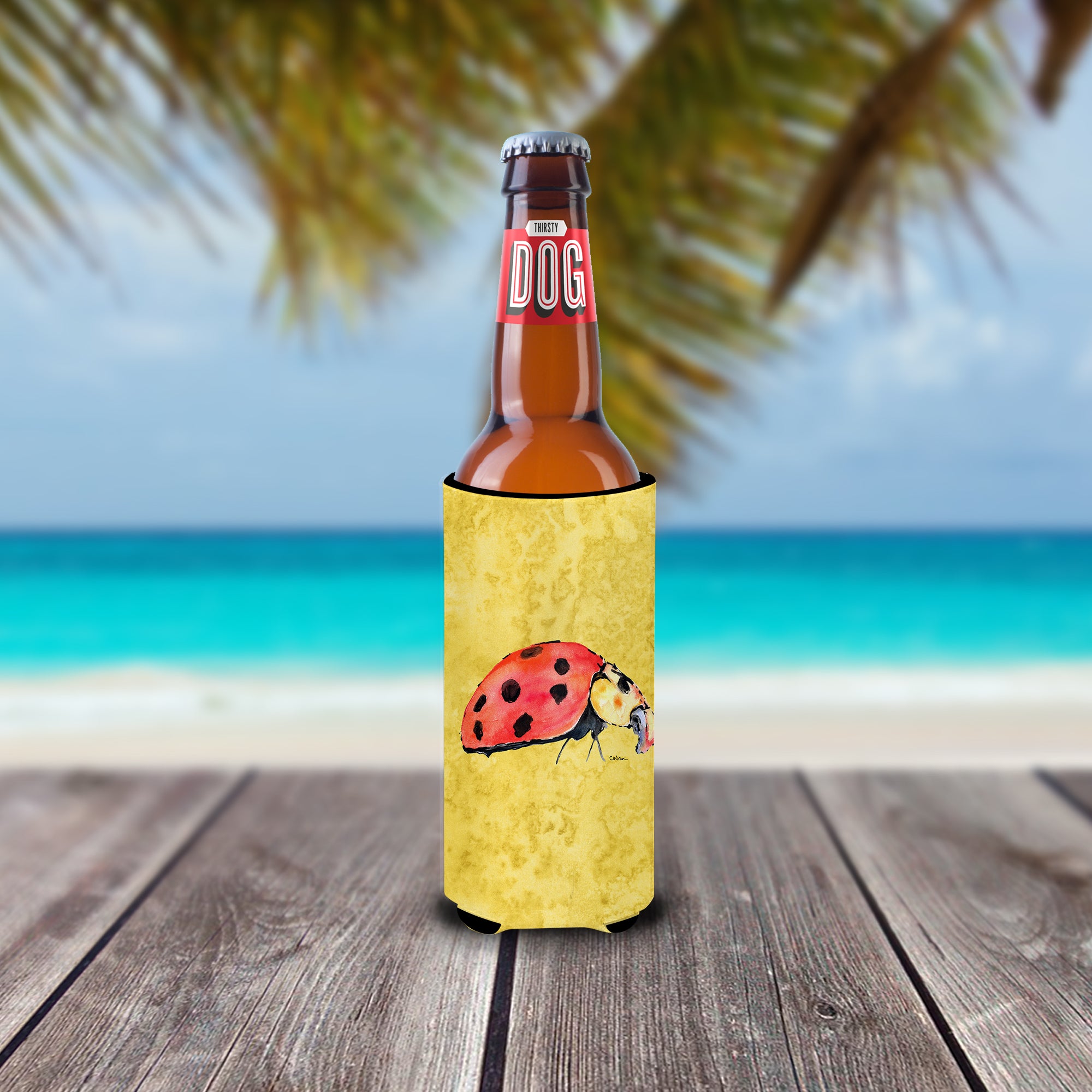 Lady Bug on Yellow Ultra Beverage Insulators for slim cans 8867MUK.