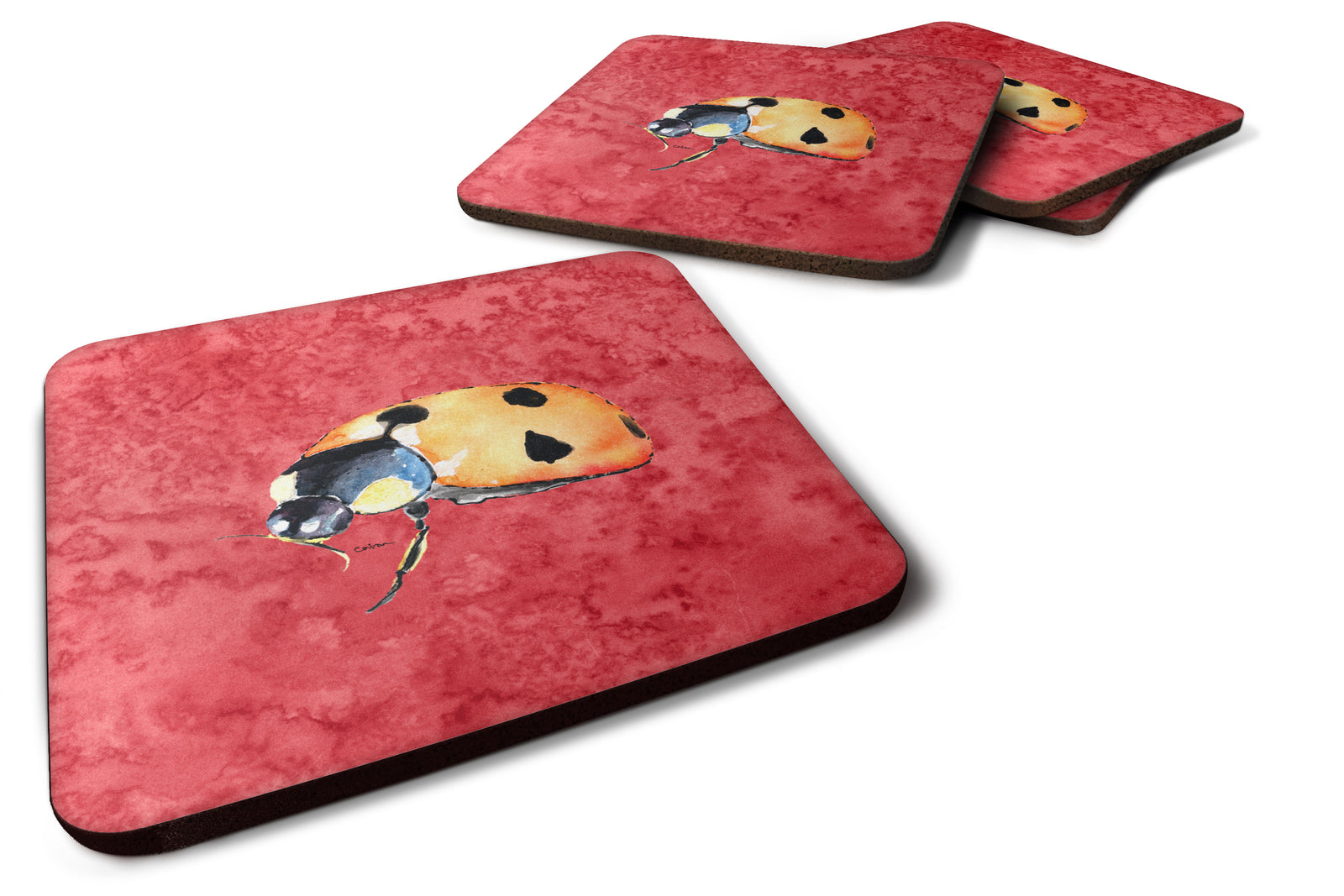 Set of 4 Lady Bug on Red Foam Coasters - the-store.com