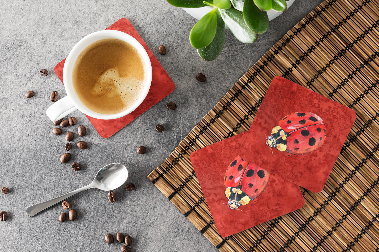 Set of 4 Lady Bug on Deep Red Foam Coasters - the-store.com