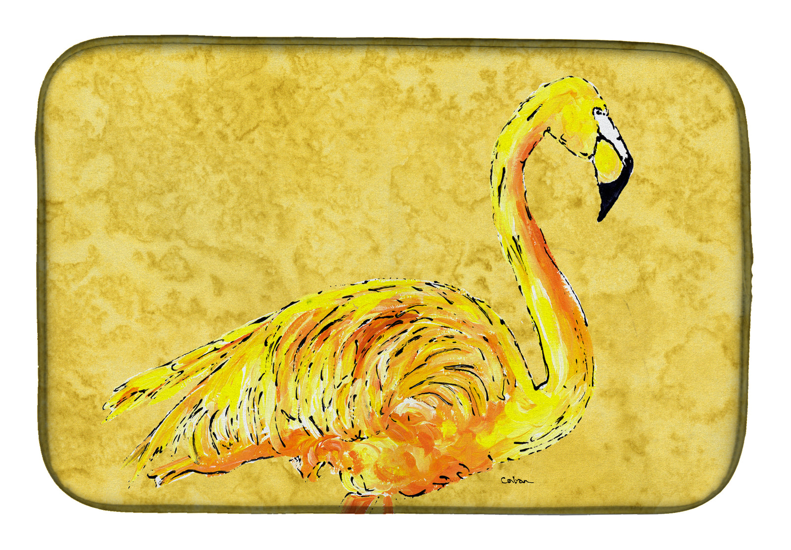 Flamingo on Yellow Dish Drying Mat 8872DDM  the-store.com.