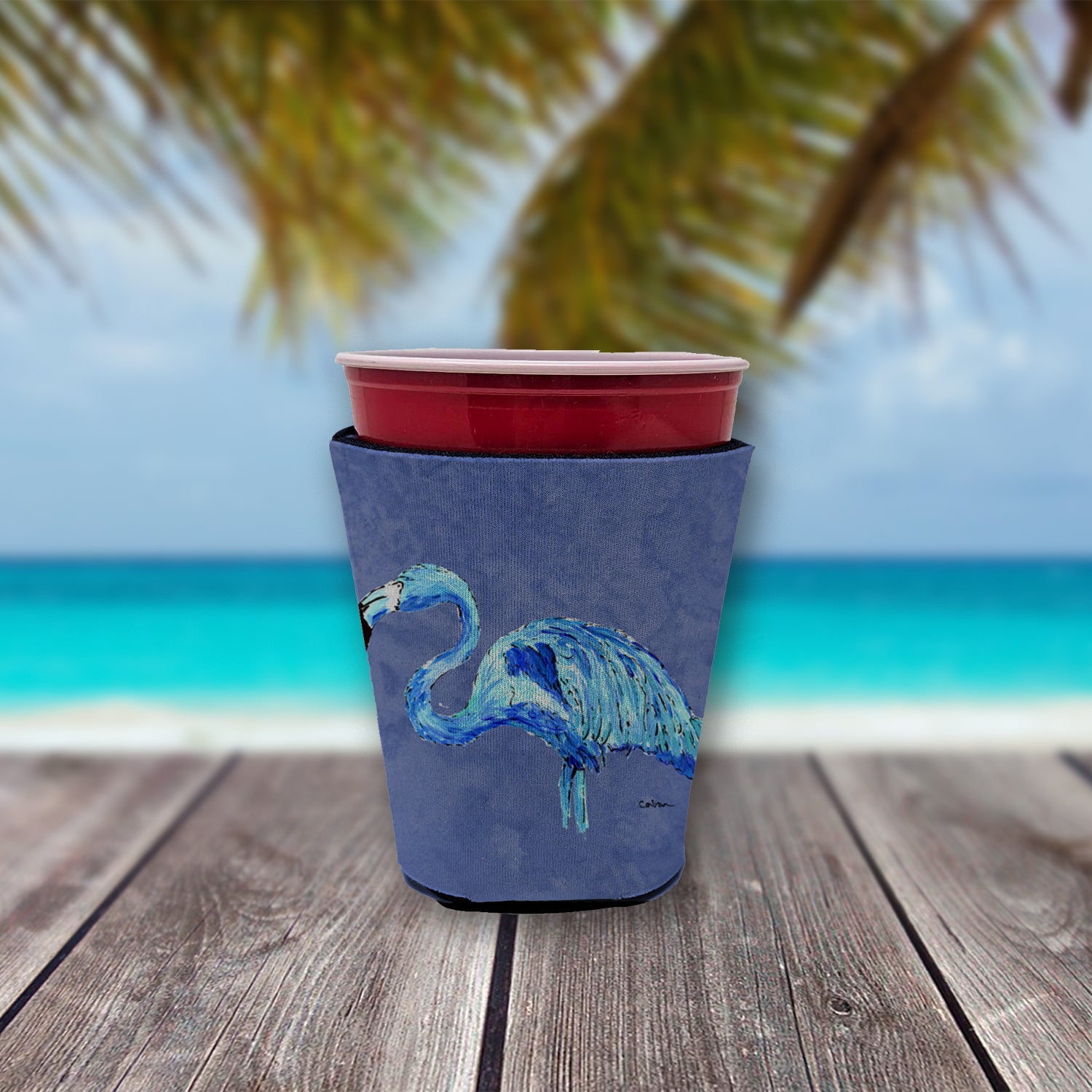 Flamingo On Slate Blue Red Cup Beverage Insulator Hugger  the-store.com.