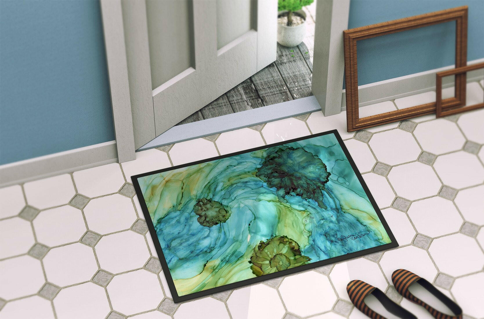 Abstract in Teal Flowers Indoor or Outdoor Mat 18x27 8952MAT - the-store.com