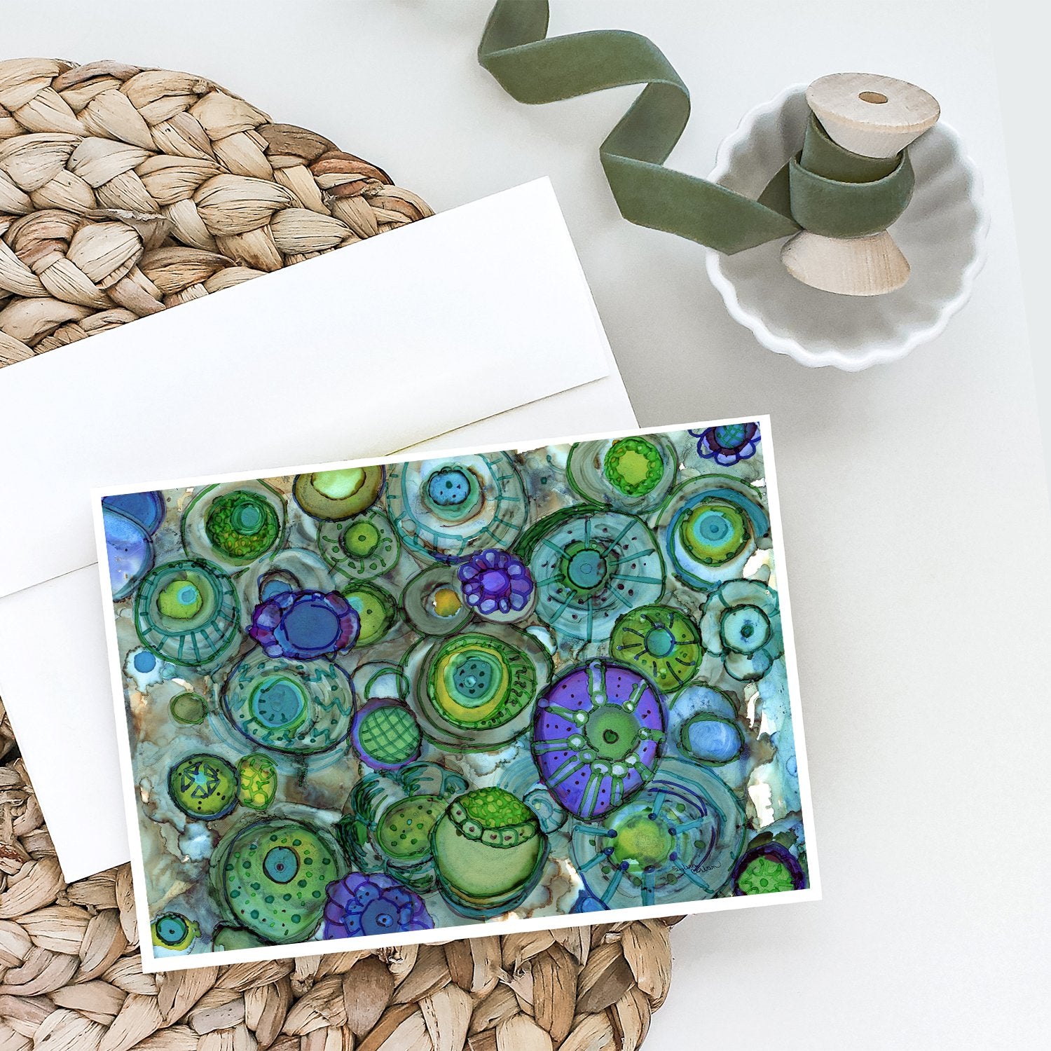 Abstract in Blues and Greens Greeting Cards and Envelopes Pack of 8 - the-store.com