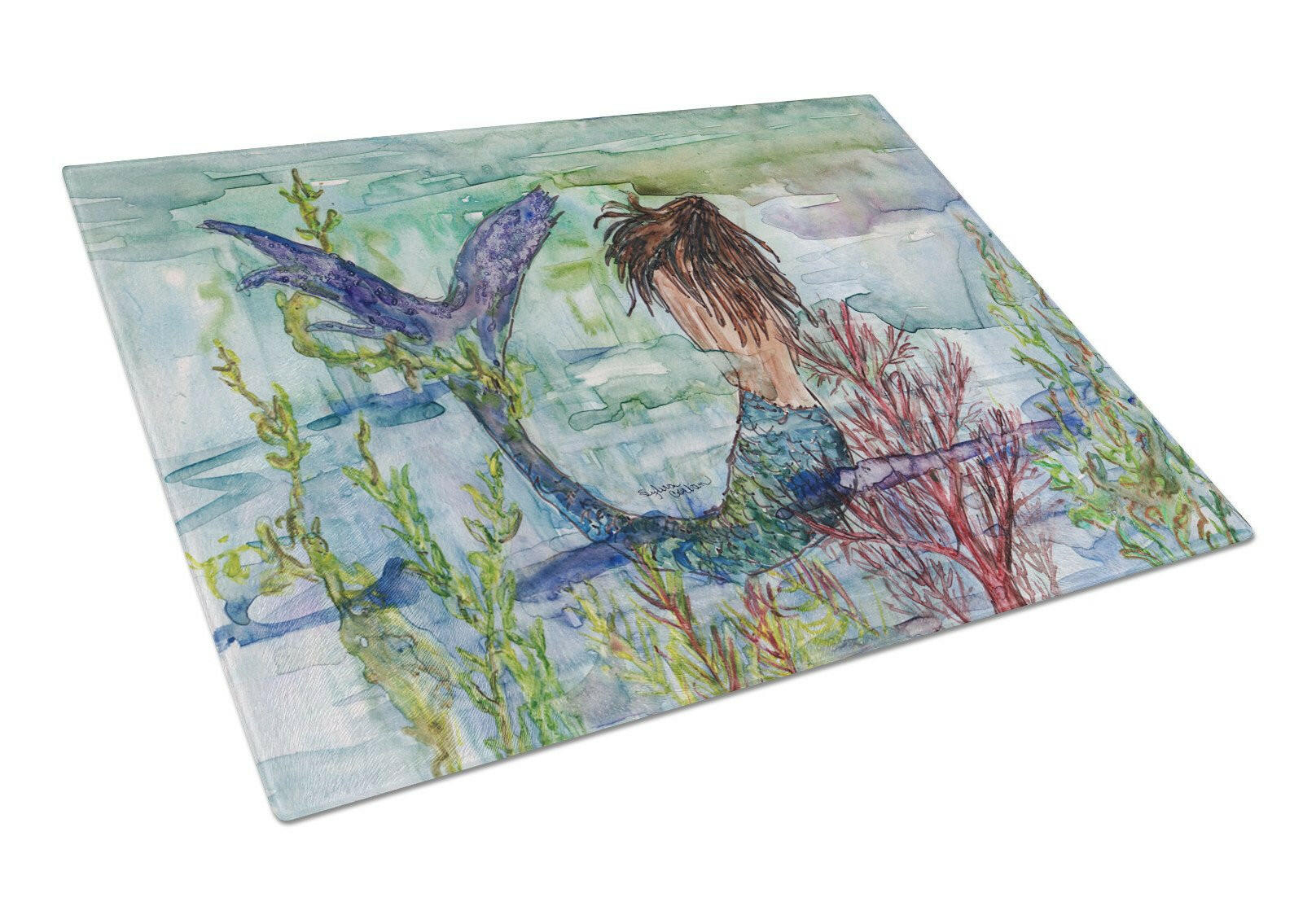 Brunette Mermaid Coral Fantasy Glass Cutting Board Large 8973LCB by Caroline's Treasures