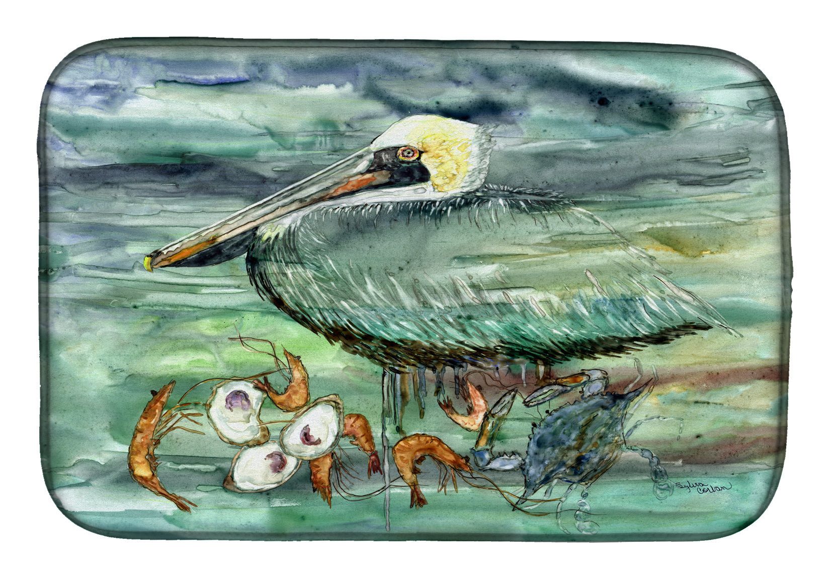 Watery Pelican, Shrimp, Crab and Oysters Dish Drying Mat 8978DDM  the-store.com.