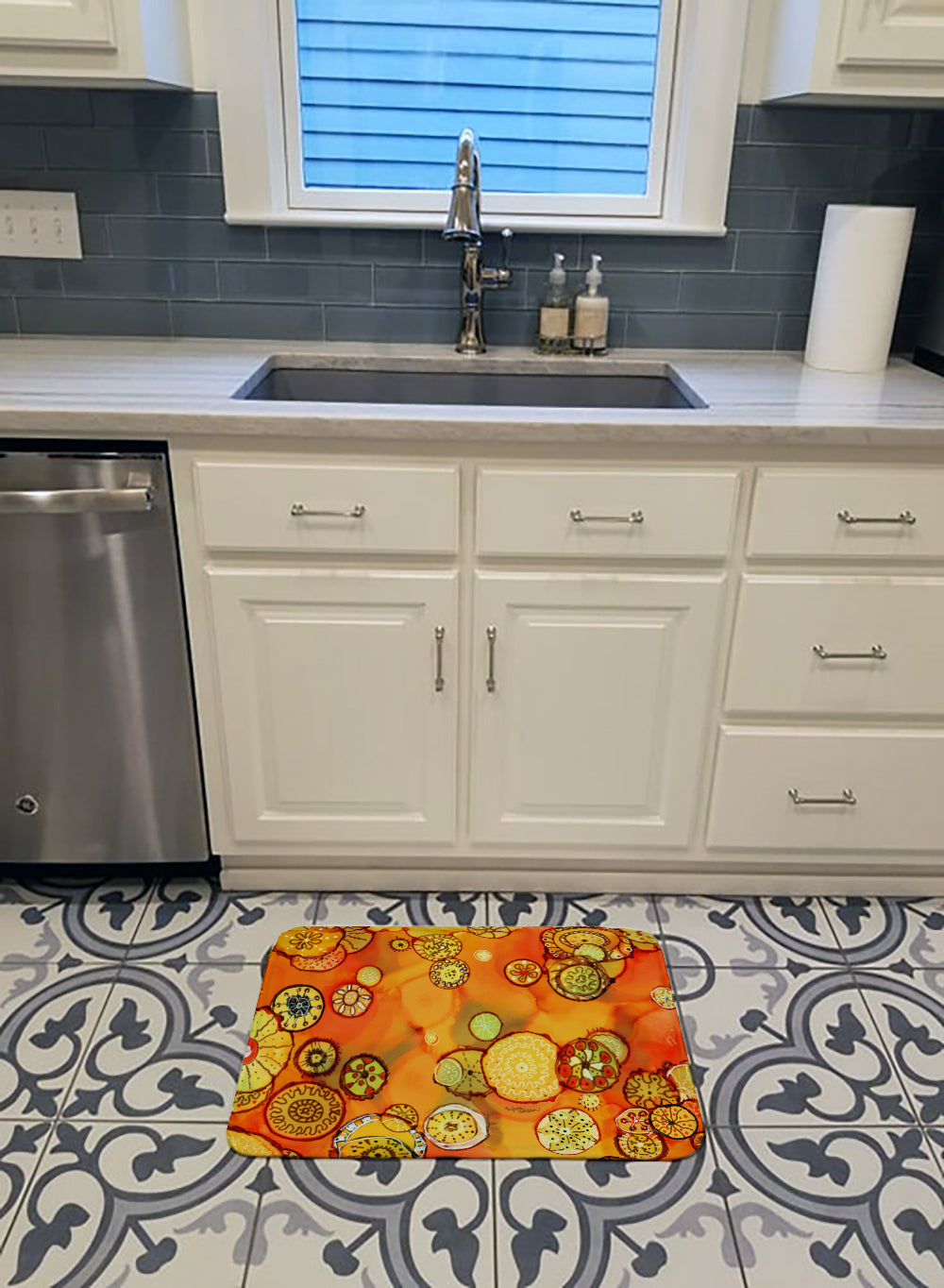 Abstract Flowers in Oranges and Yellows Machine Washable Memory Foam Mat 8987RUG - the-store.com