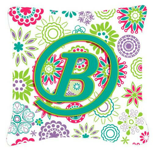 Letter B Flowers Pink Teal Green Initial Canvas Fabric Decorative Pillow CJ2011-BPW1414 by Caroline's Treasures