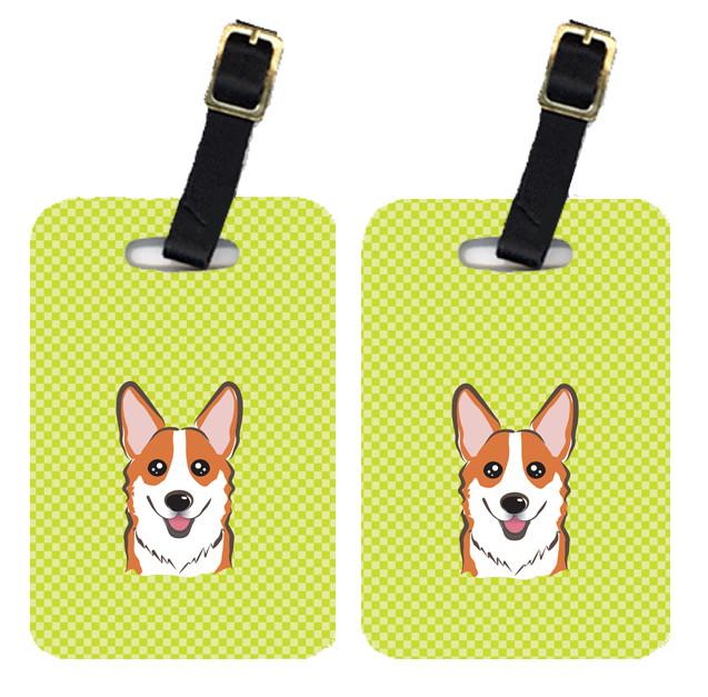 Pair of Checkerboard Lime Green Corgi Luggage Tags BB1316BT by Caroline&#39;s Treasures