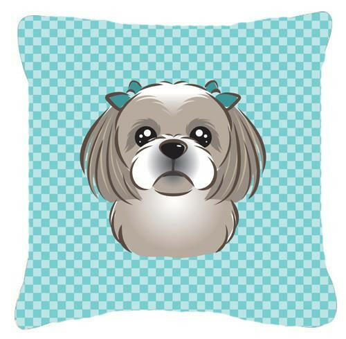 Checkerboard Blue Gray Silver Shih Tzu Canvas Fabric Decorative Pillow BB1188PW1414 - the-store.com